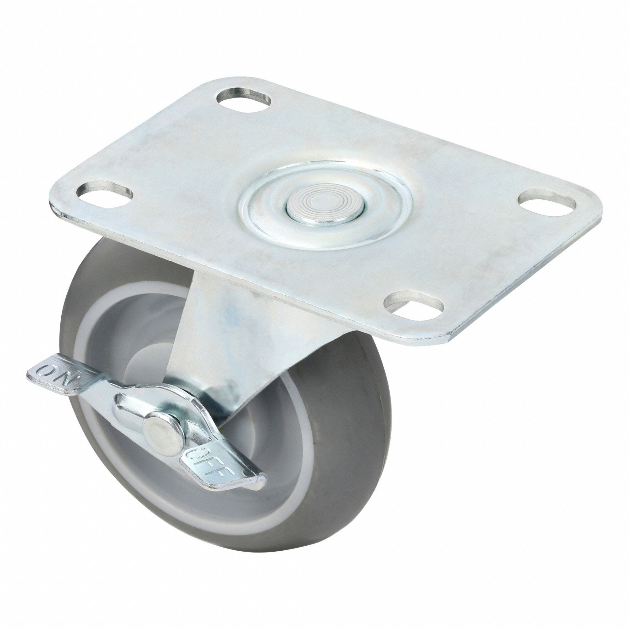 Plate Caster: Swivel, Side Brake, Rubber, 3 in Wheel Dia., 7/8 in Wheel Wd, Slot
