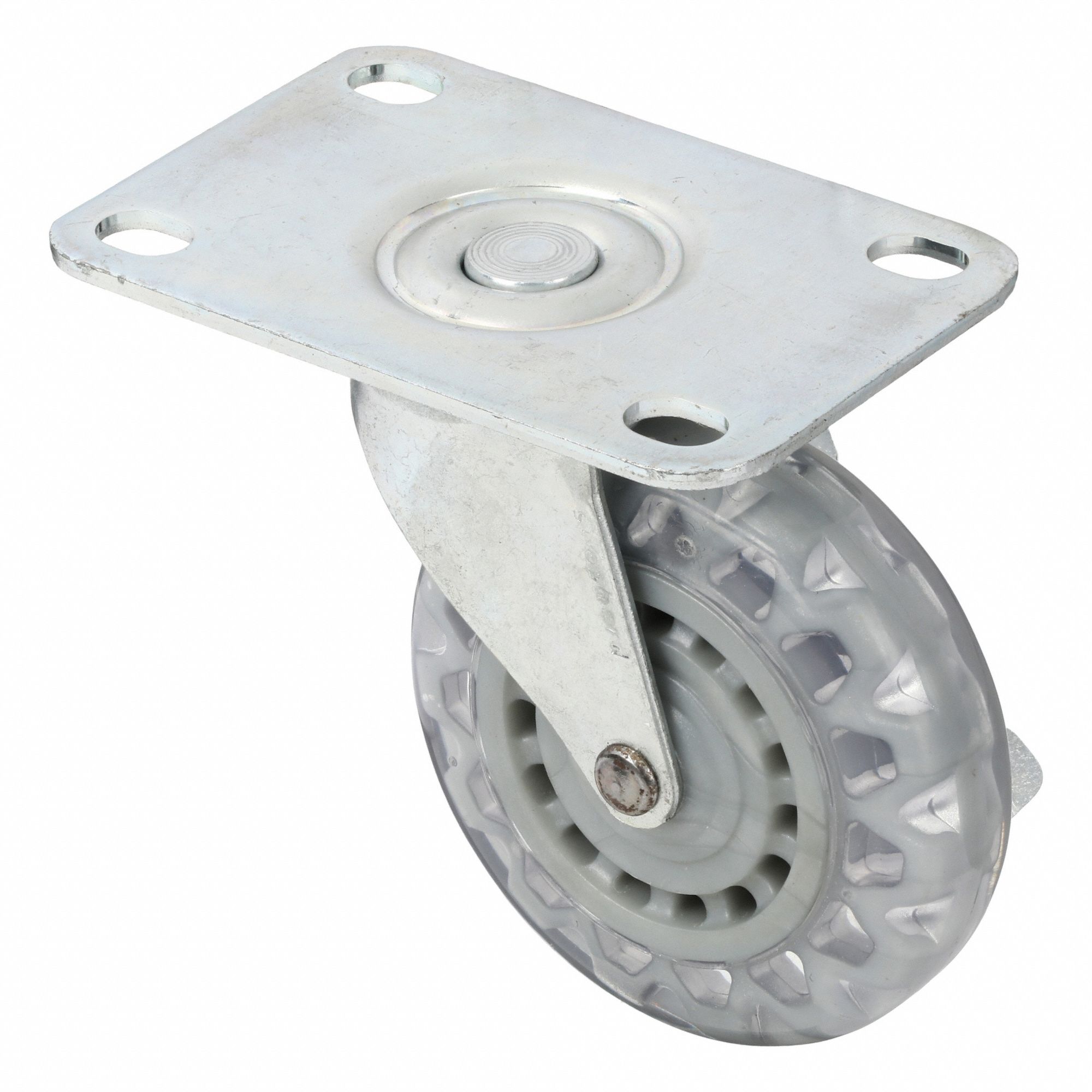 Plate Caster: Swivel, Side Brake, Polyurethane, 3 in Wheel Dia., 7/8 in Wheel Wd