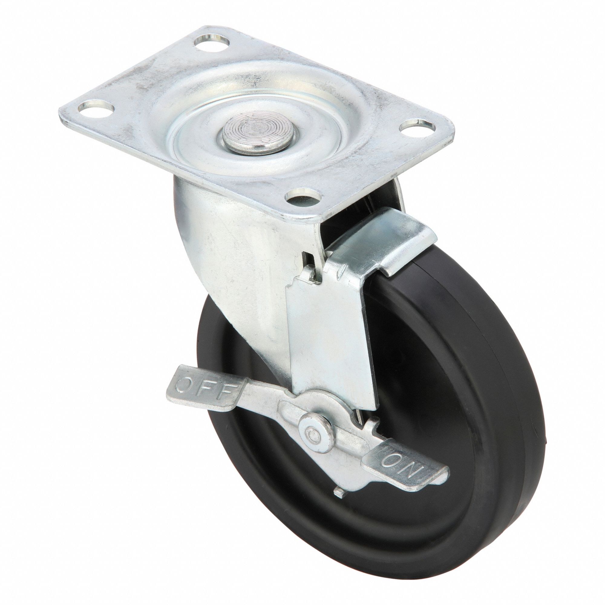 Plate Caster: Swivel, Side Brake, Polyolefin, 4 in Wheel Dia., 1 in Wheel Wd, Slot