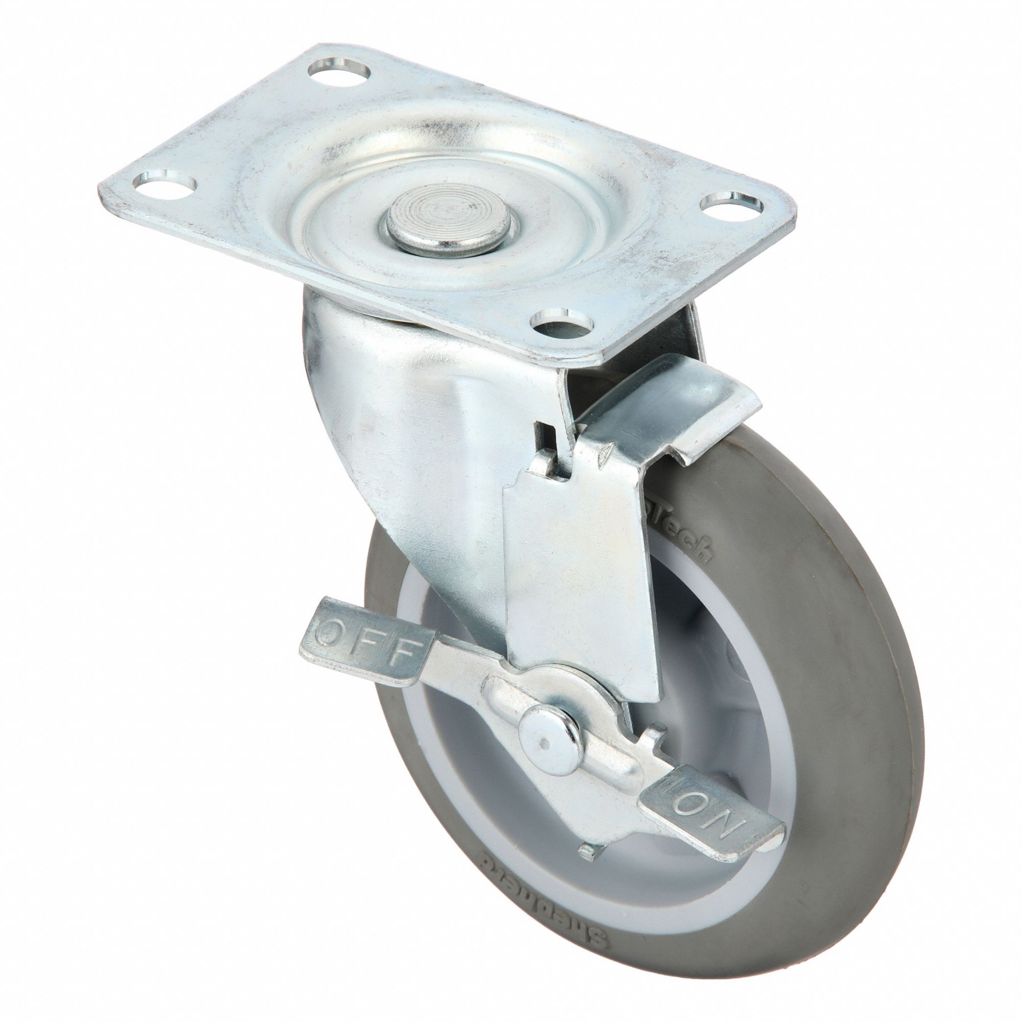 Plate Caster: Swivel, Side Brake, Rubber, 4 in Wheel Dia., 1 in Wheel Wd, Slot
