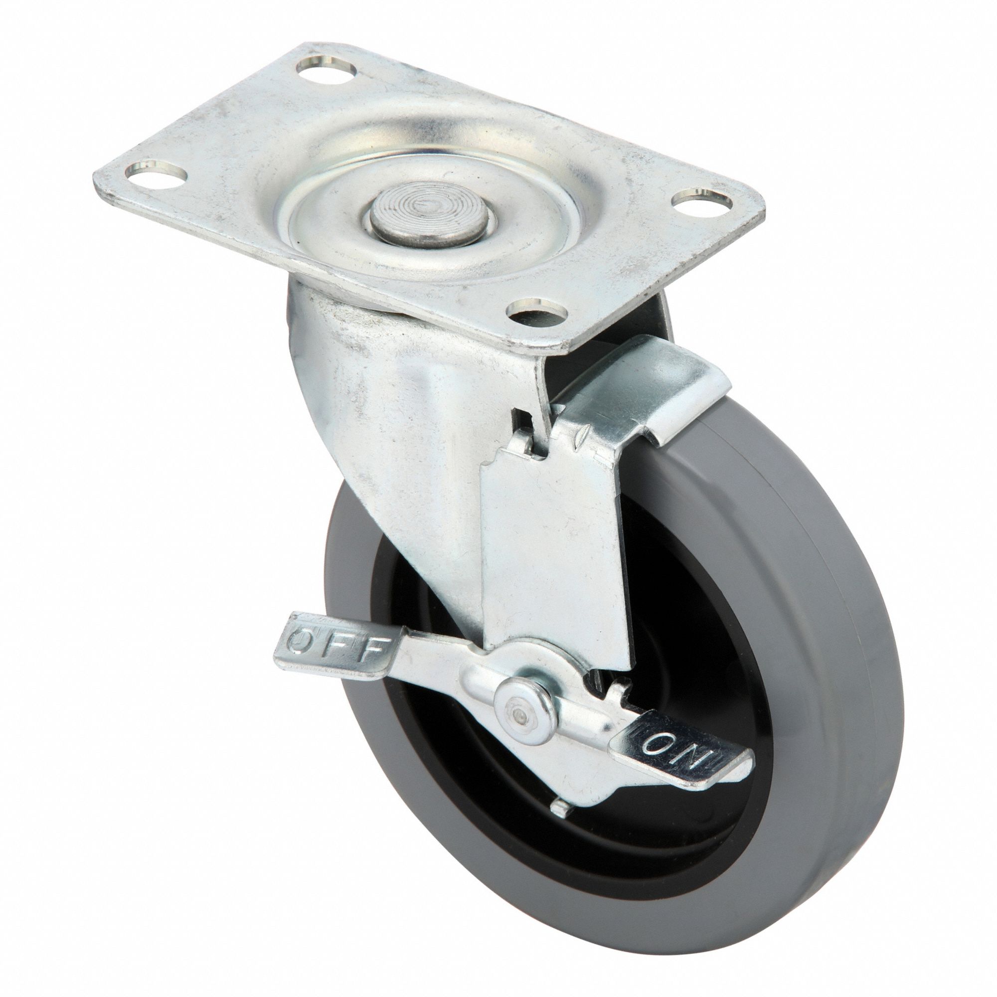 Plate Caster: Swivel, Side Brake, Polyurethane, 4 in Wheel Dia., 1 in Wheel Wd, Slot