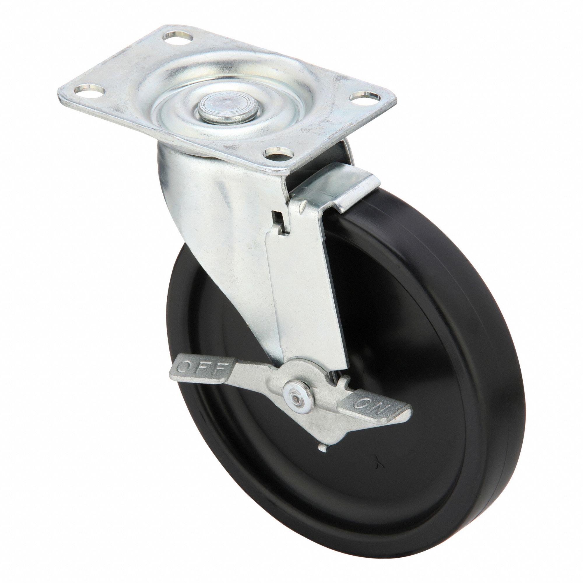 Plate Caster: Swivel, Side Brake, Polyolefin, 5 in Wheel Dia., 1 in Wheel Wd, Slot