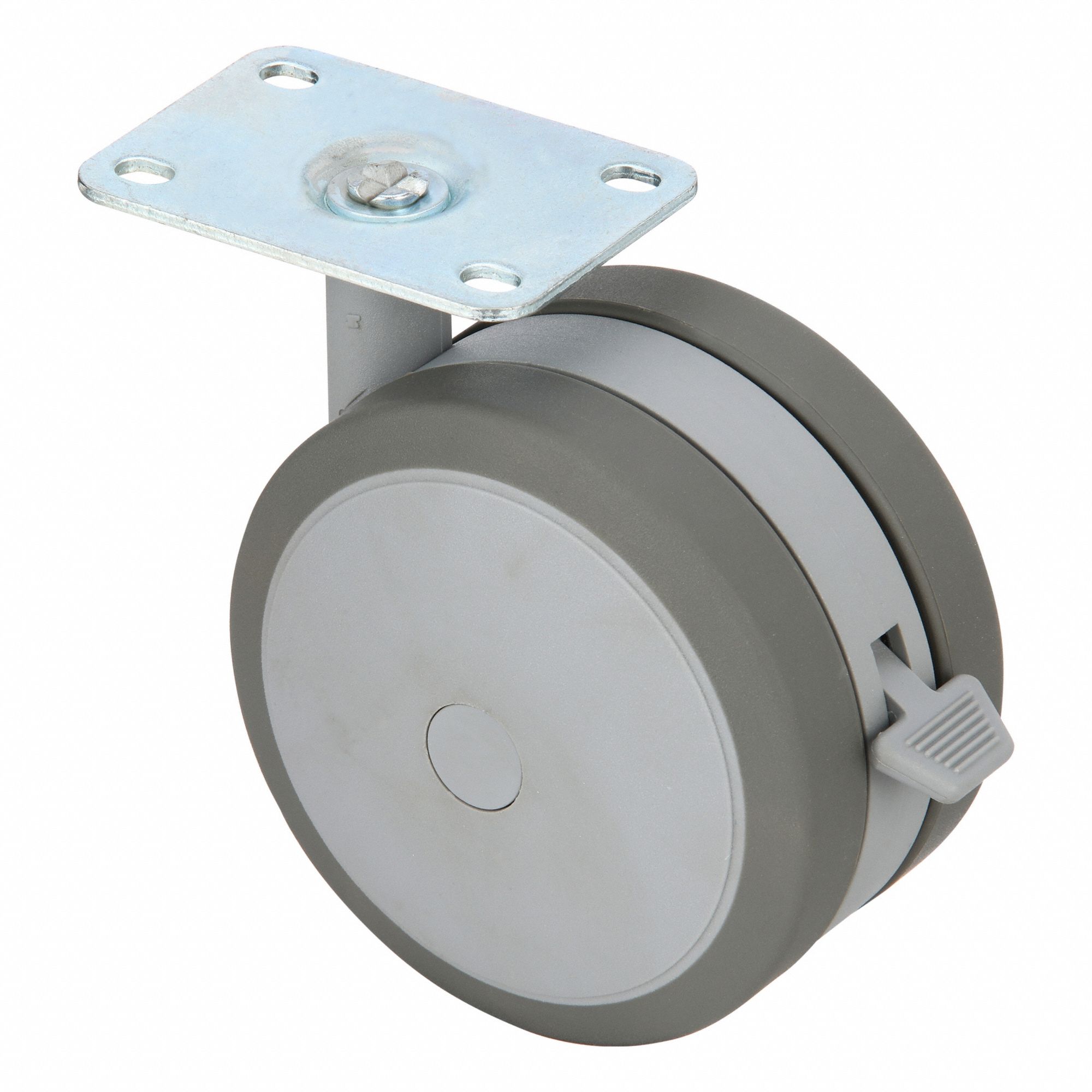 Plate Caster: Swivel, Face Brake, Thermoplastic Rubber, 4 7/8 in Wheel Dia, Slot