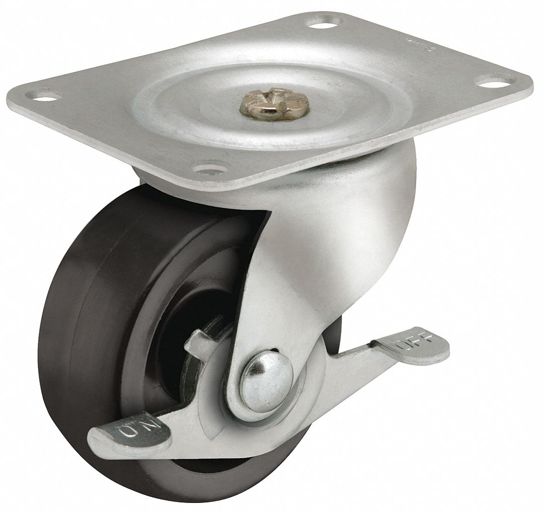 Plate Caster: Swivel, Side Brake, Polyolefin, 3 in Wheel Dia., 1 1/4 in Wheel Wd
