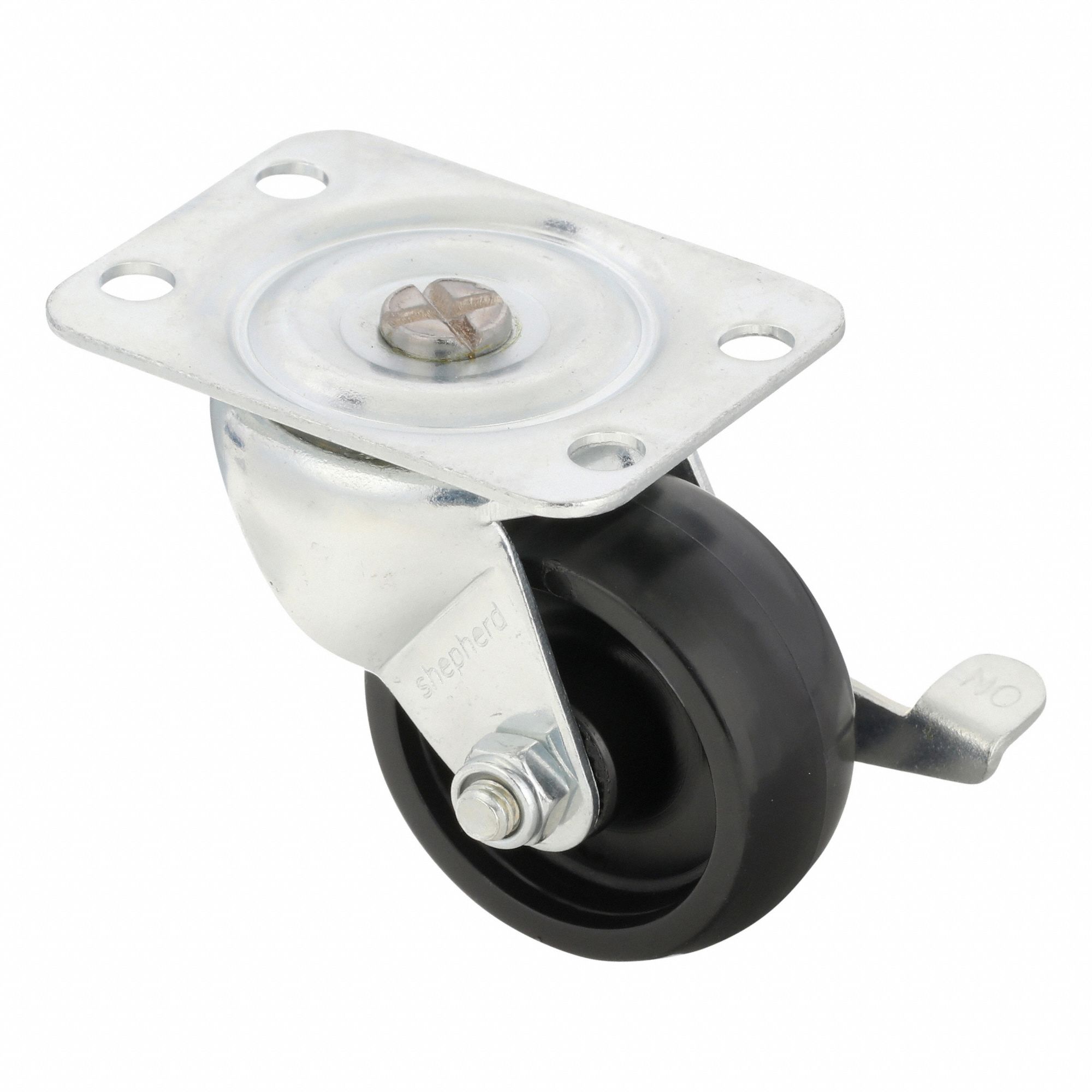 Plate Caster: Swivel, Side Brake, Polyolefin, 2 in Wheel Dia., 7/8 in Wheel Wd, Hole