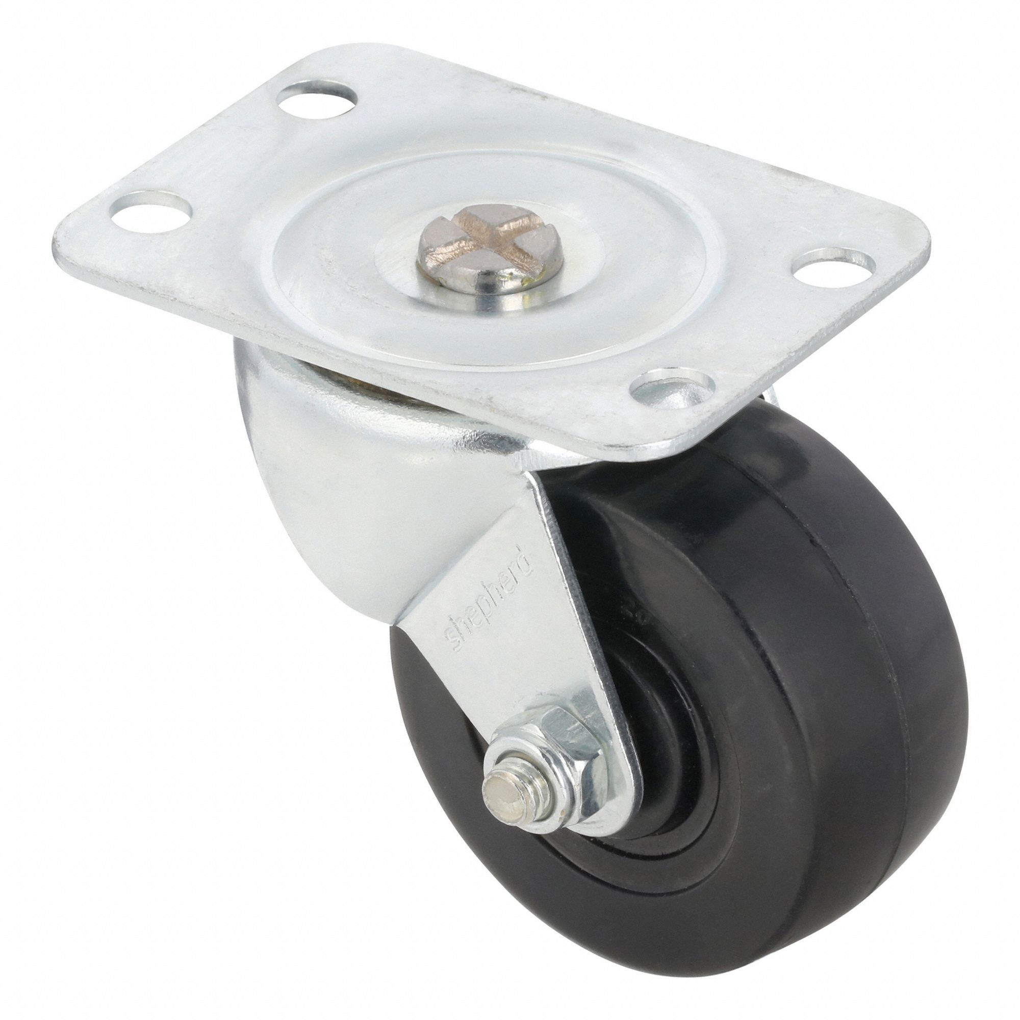 Plate Caster: Swivel, No Brake, Rubber, 2 in Wheel Dia., 7/8 in Wheel Wd, Hole