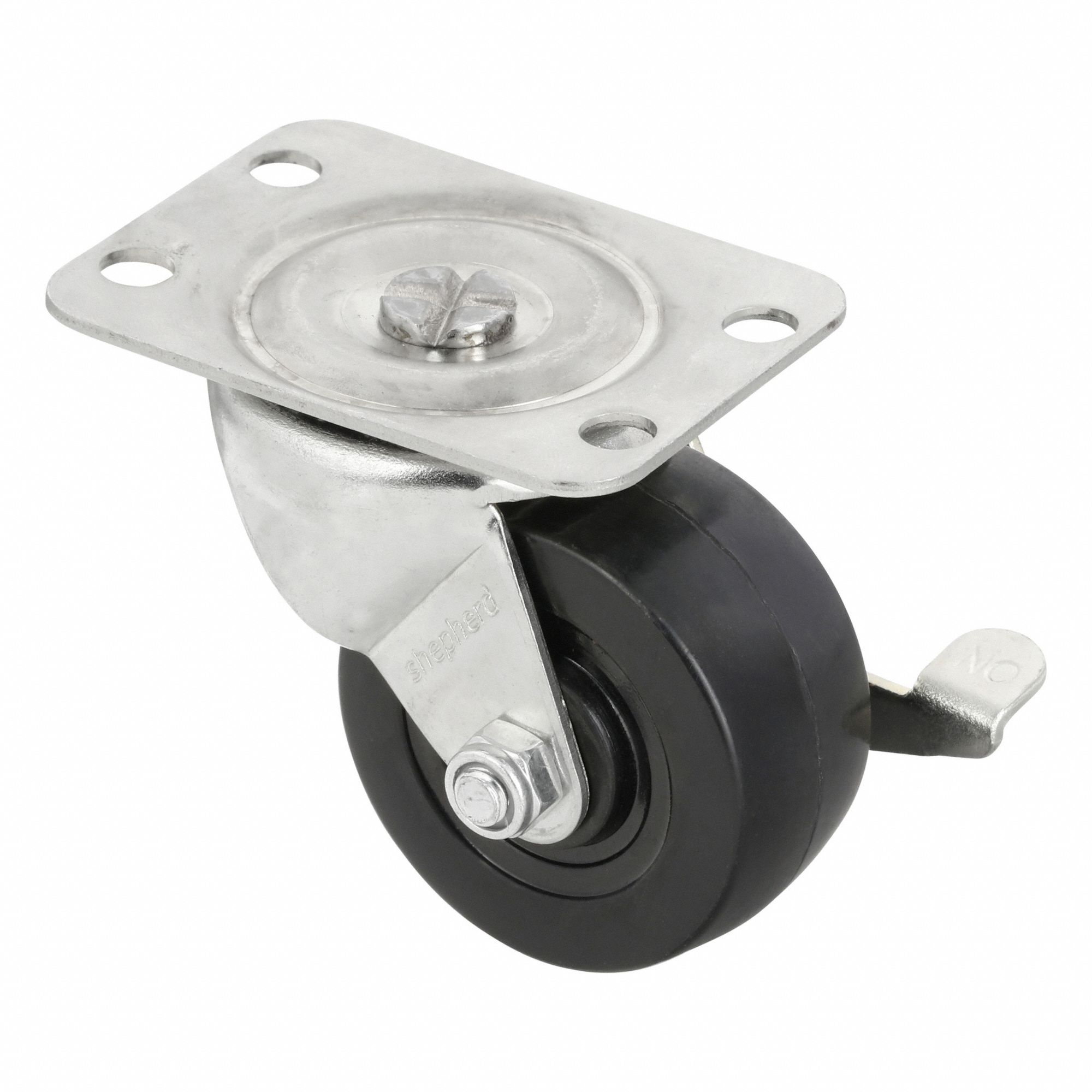 Plate Caster: Swivel, Side Brake, Rubber, 2 in Wheel Dia., 7/8 in Wheel Wd, Hole