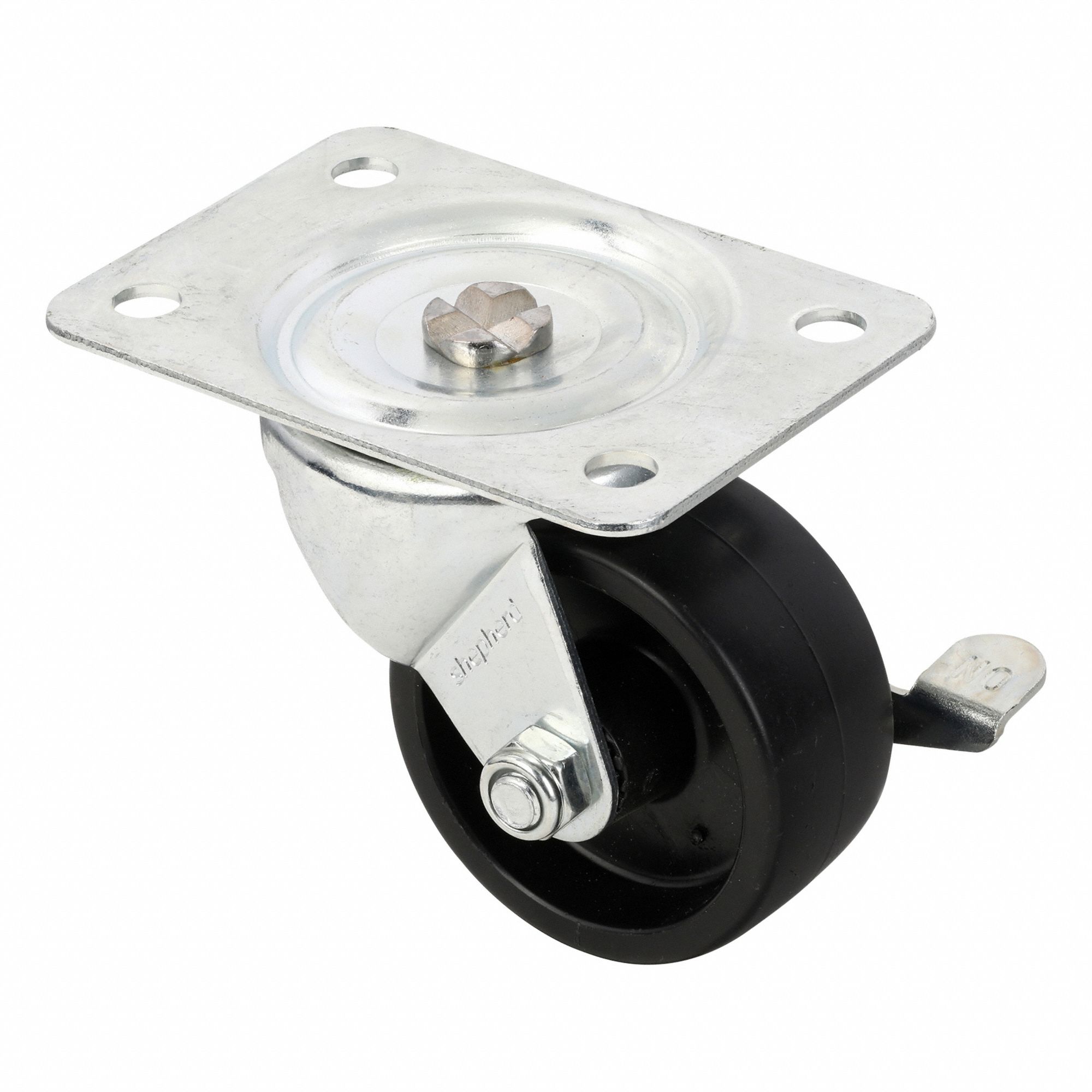 Plate Caster: Swivel, Side Brake, Polyolefin, 2 1/2 in Wheel Dia., 1 1/8 in Wheel Wd