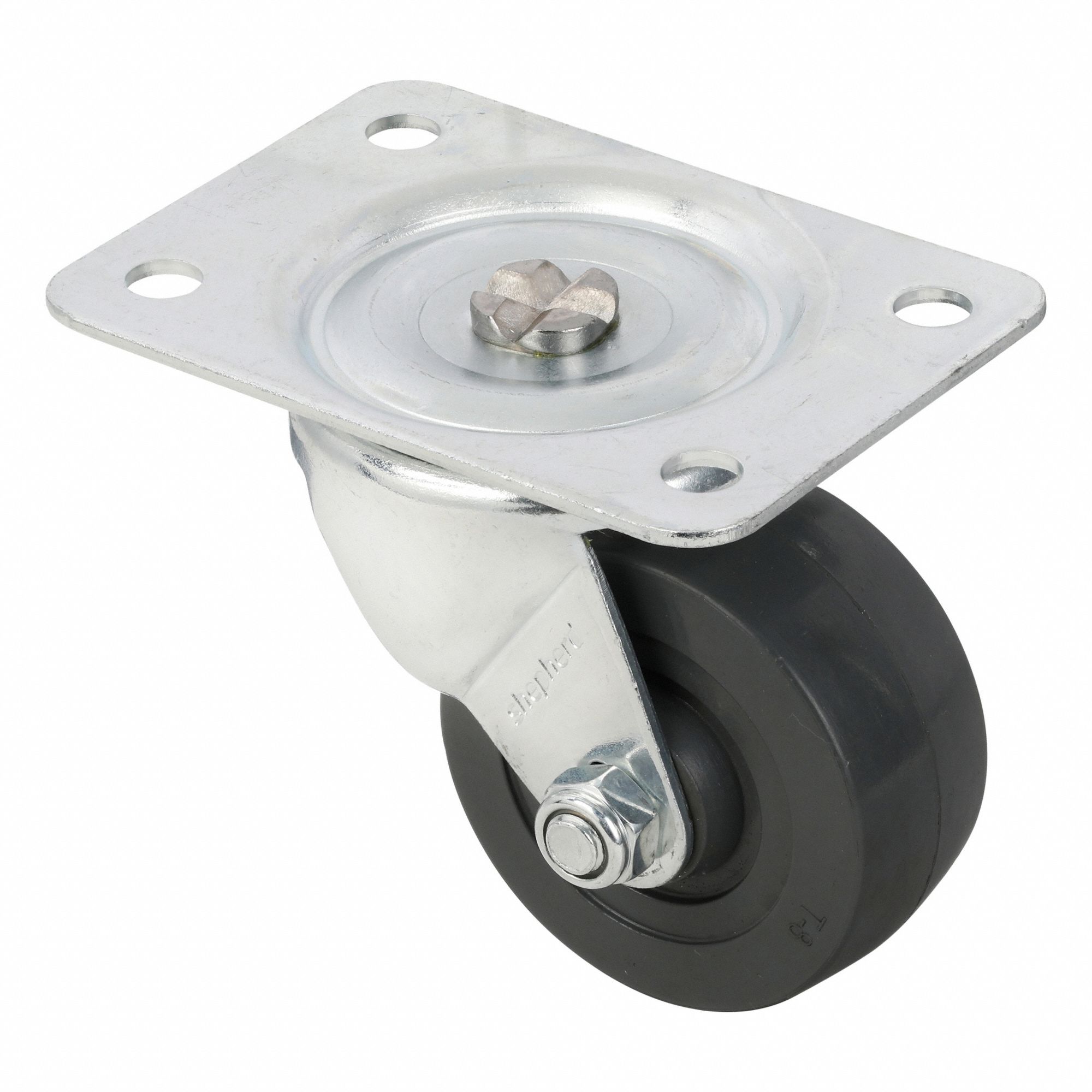 Plate Caster: Swivel, No Brake, Rubber, 2 1/2 in Wheel Dia., 1 1/8 in Wheel Wd, Hole