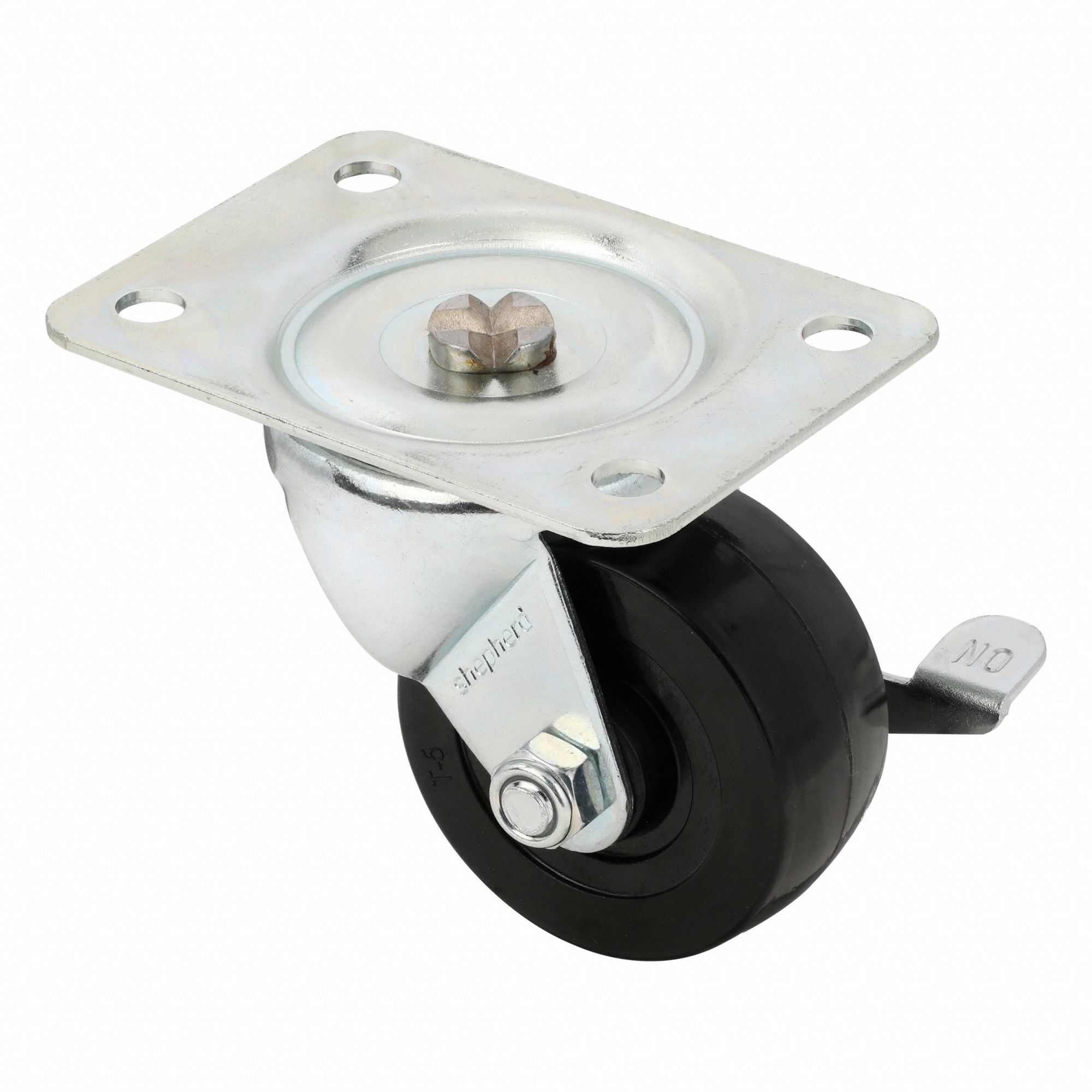 Plate Caster: Swivel, Side Brake, Rubber, 2 1/2 in Wheel Dia., 1 1/8 in Wheel Wd