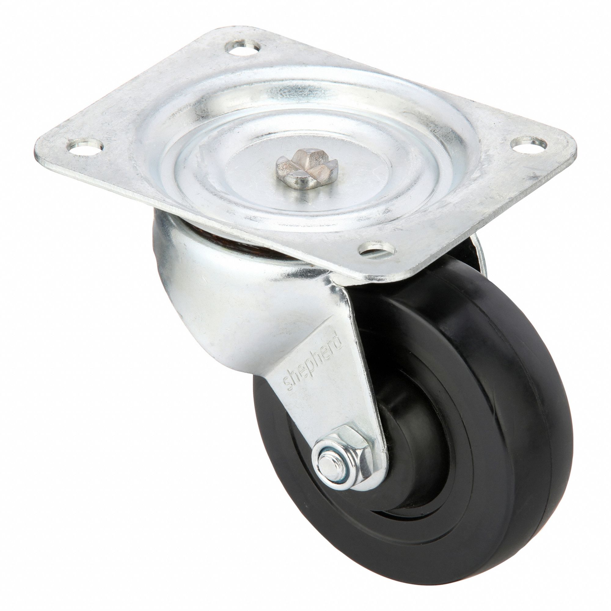 Plate Caster: Swivel, No Brake, Rubber, 4 in Wheel Dia., 1 3/8 in Wheel Wd, Hole