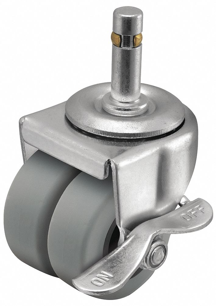 Stem Caster: Swivel, Side Brake, 2 in Wheel Dia., 13/16 in Wheel Wd, Rubber, Stem