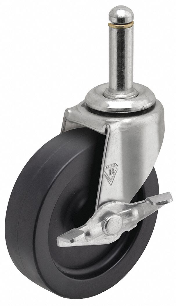 Stem Caster: Swivel, Side Brake, 2 in Wheel Dia., 13/16 in Wheel Wd, Polypropylene
