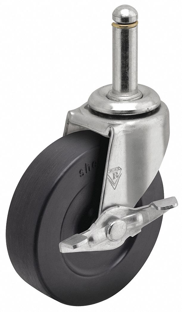 Stem Caster: Swivel, Side Brake, 2 in Wheel Dia., 13/16 in Wheel Wd, Rubber, Rubber