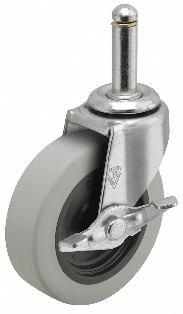Stem Caster: Swivel, Side Brake, 2 in Wheel Dia., 13/16 in Wheel Wd, Rubber, Stem