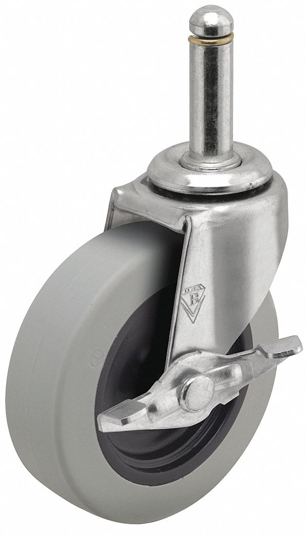Stem Caster: Swivel, Side Brake, 3 in Wheel Dia., 13/16 in Wheel Wd, Polyurethane