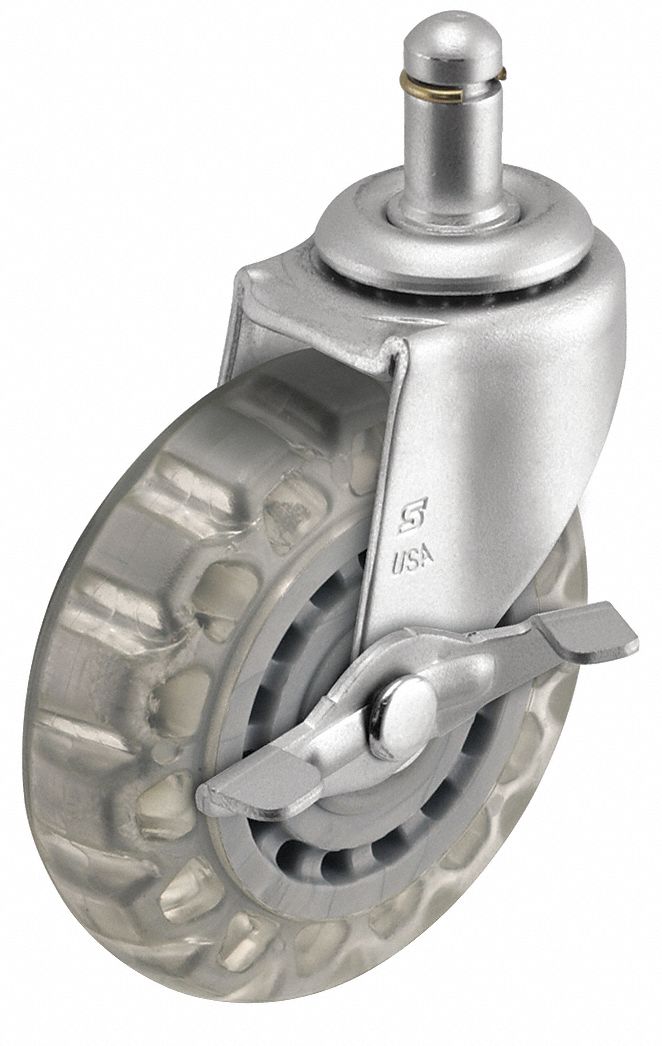Stem Caster: Swivel, Side Brake, 2 in Wheel Dia., 13/16 in Wheel Wd, Polyurethane