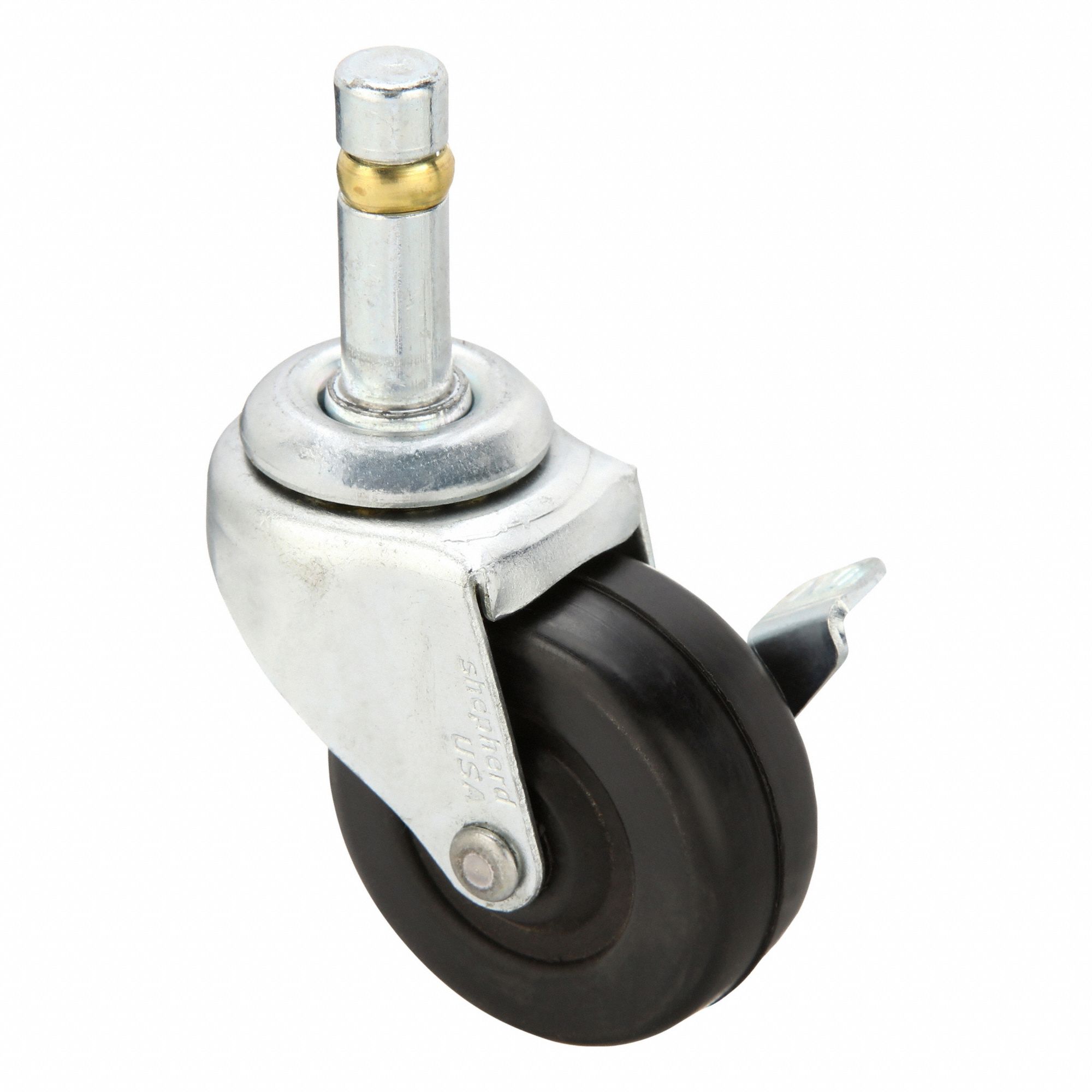 Stem Caster: Swivel, Side Brake, 2 in Wheel Dia., 13/16 in Wheel Wd, Rubber, Rubber