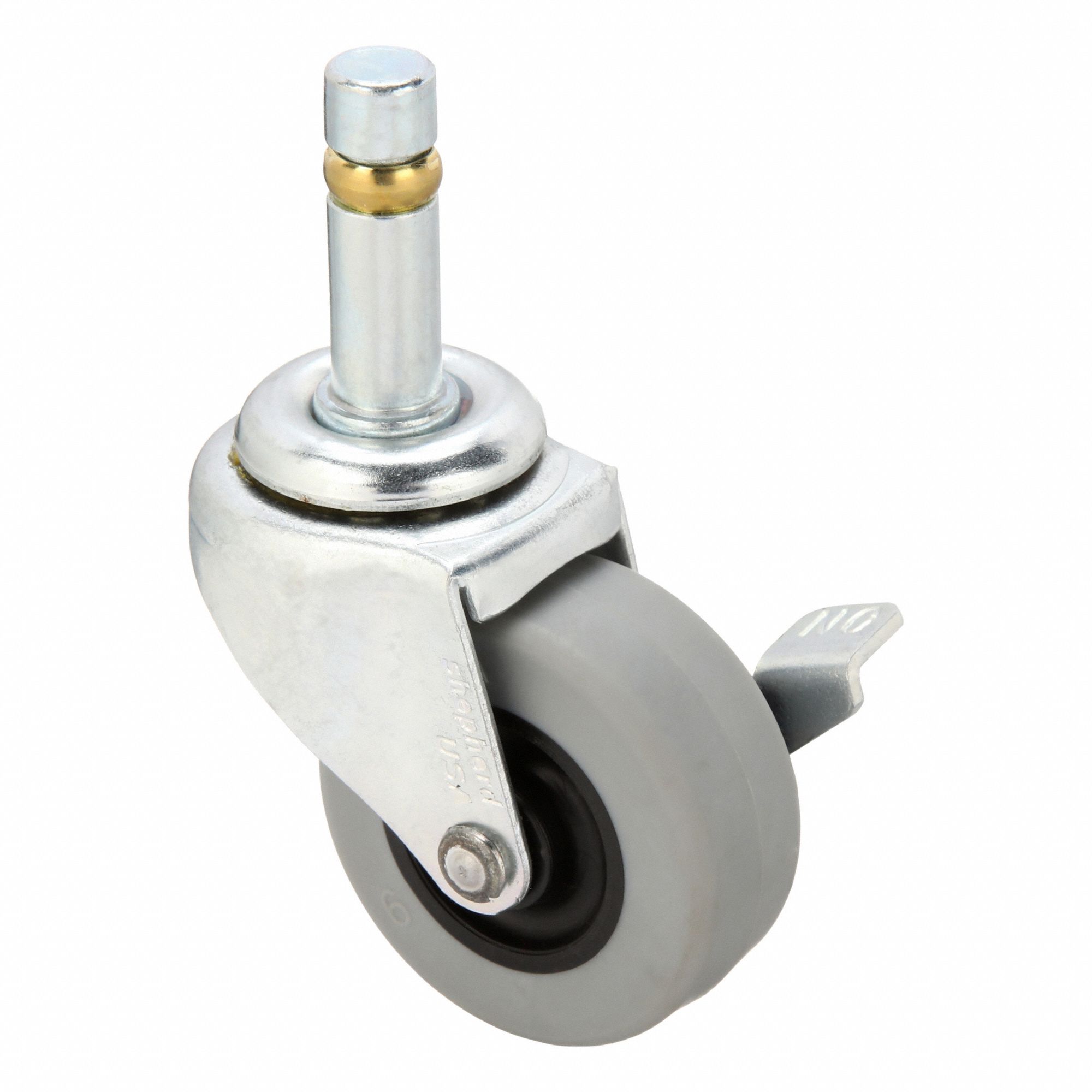 Stem Caster: Swivel, Side Brake, 2 in Wheel Dia., 13/16 in Wheel Wd, Rubber, Stem
