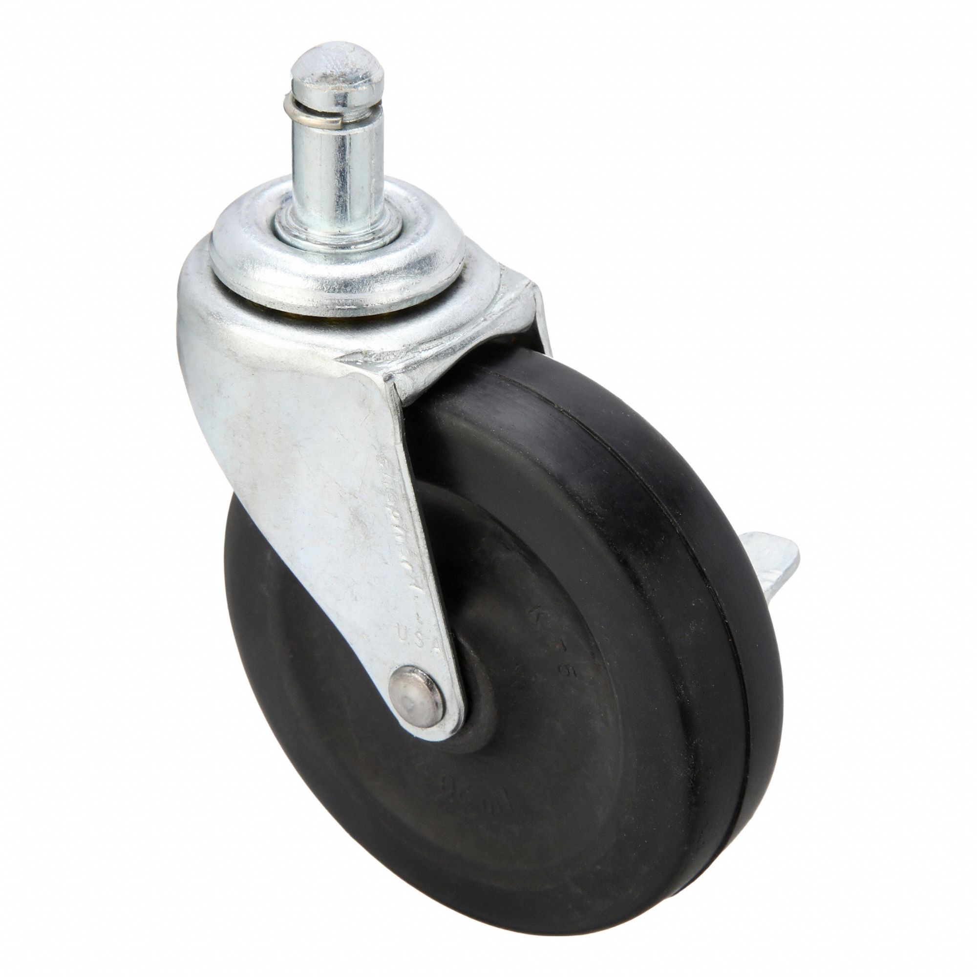 Stem Caster: Swivel, Side Brake, 3 in Wheel Dia., 13/16 in Wheel Wd, Rubber, Rubber