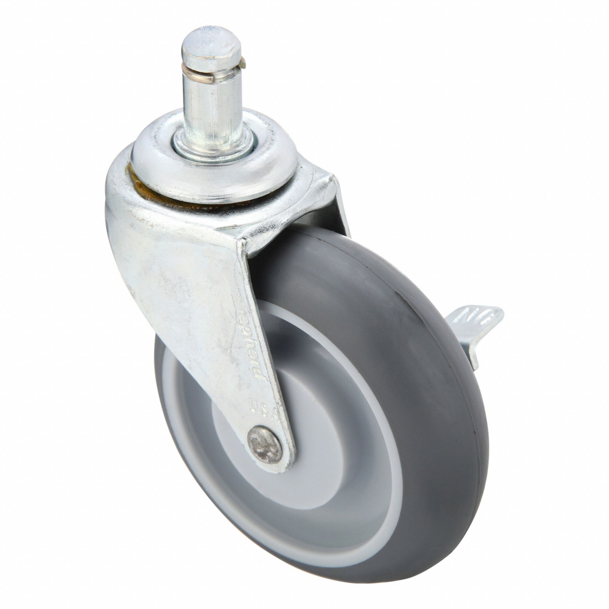 Stem Caster: Swivel, Side Brake, 3 in Wheel Dia., 13/16 in Wheel Wd, Rubber, Stem