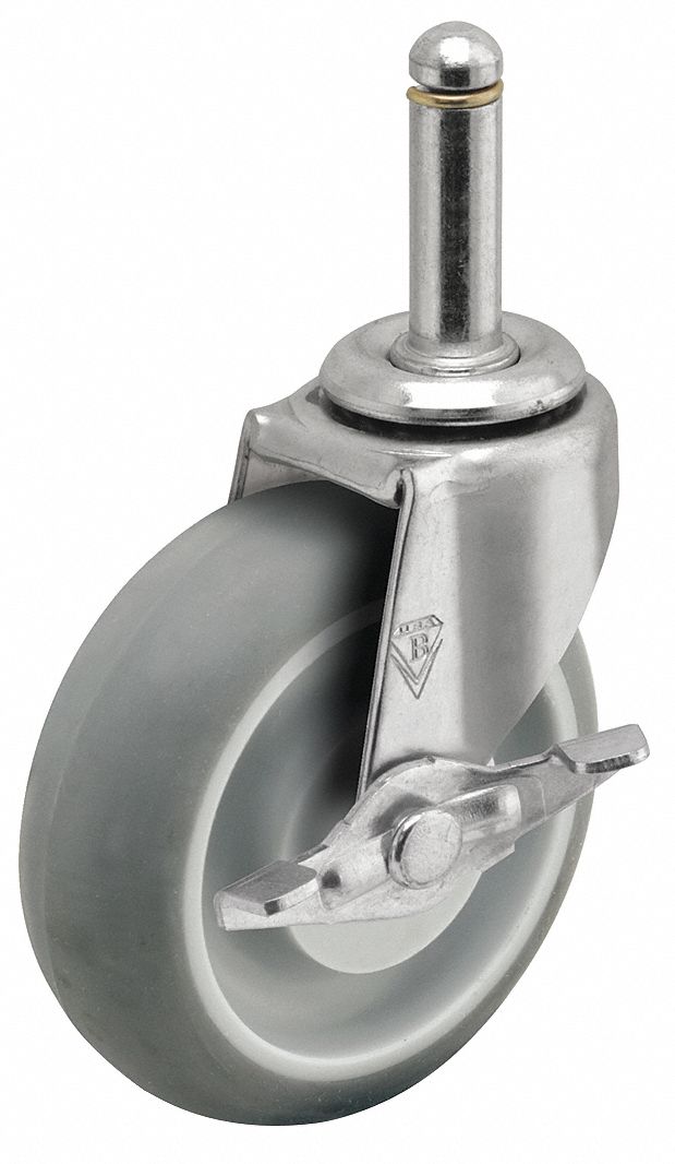 Stem Caster: Swivel, Side Brake, 3 in Wheel Dia., 13/16 in Wheel Wd, Rubber, Stem
