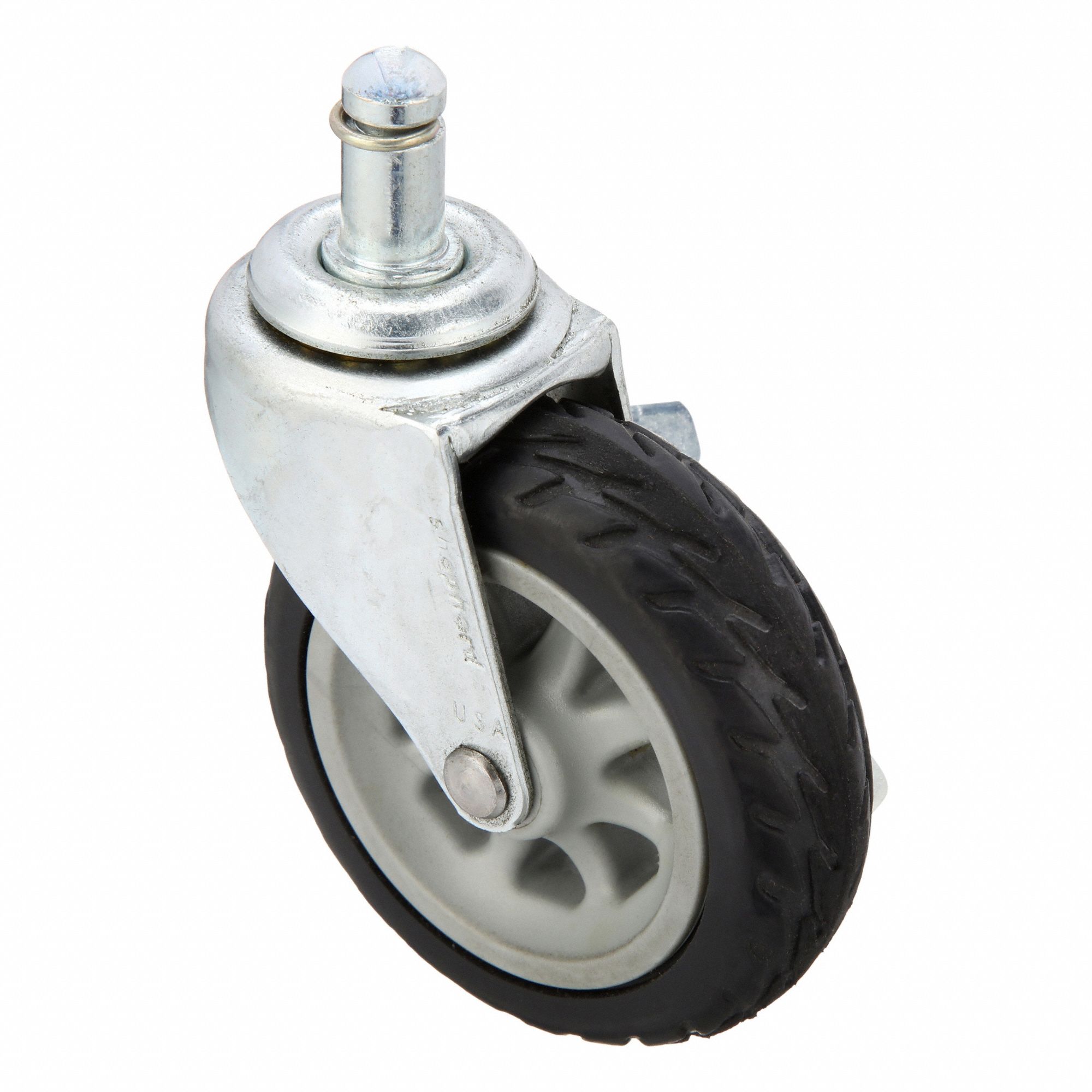 Stem Caster: Swivel, Side Brake, 3 in Wheel Dia., 13/16 in Wheel Wd, Rubber, Stem