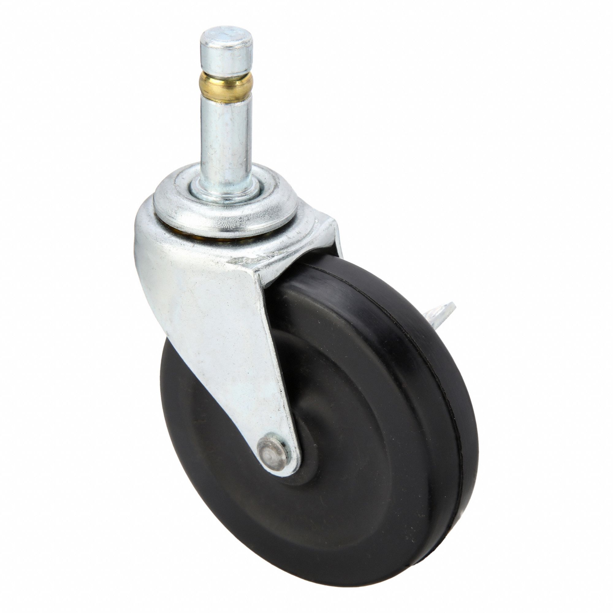Stem Caster: Swivel, Side Brake, 3 in Wheel Dia., 13/16 in Wheel Wd, Rubber, Rubber