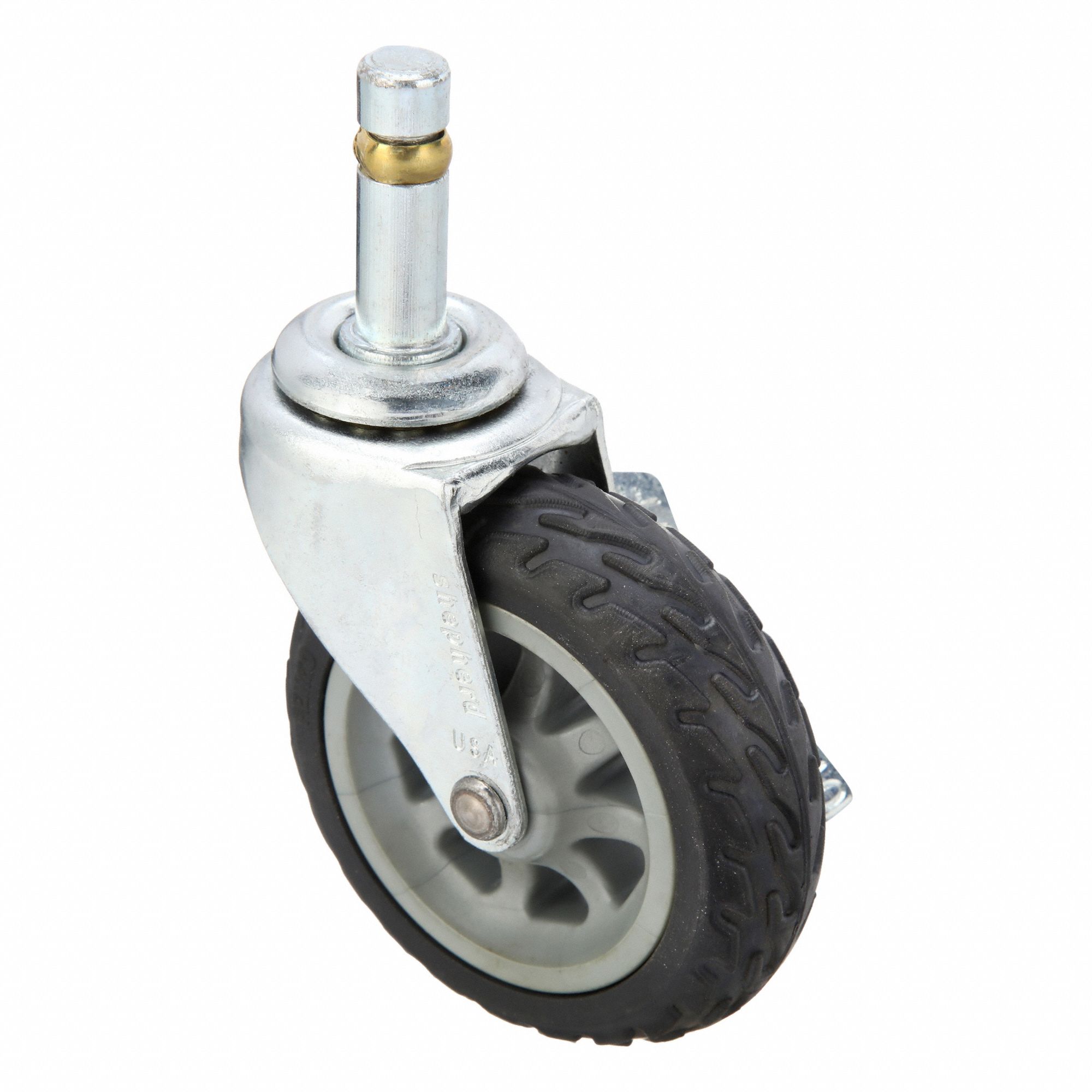 Stem Caster: Swivel, Side Brake, 3 in Wheel Dia., 13/16 in Wheel Wd, Rubber, Stem