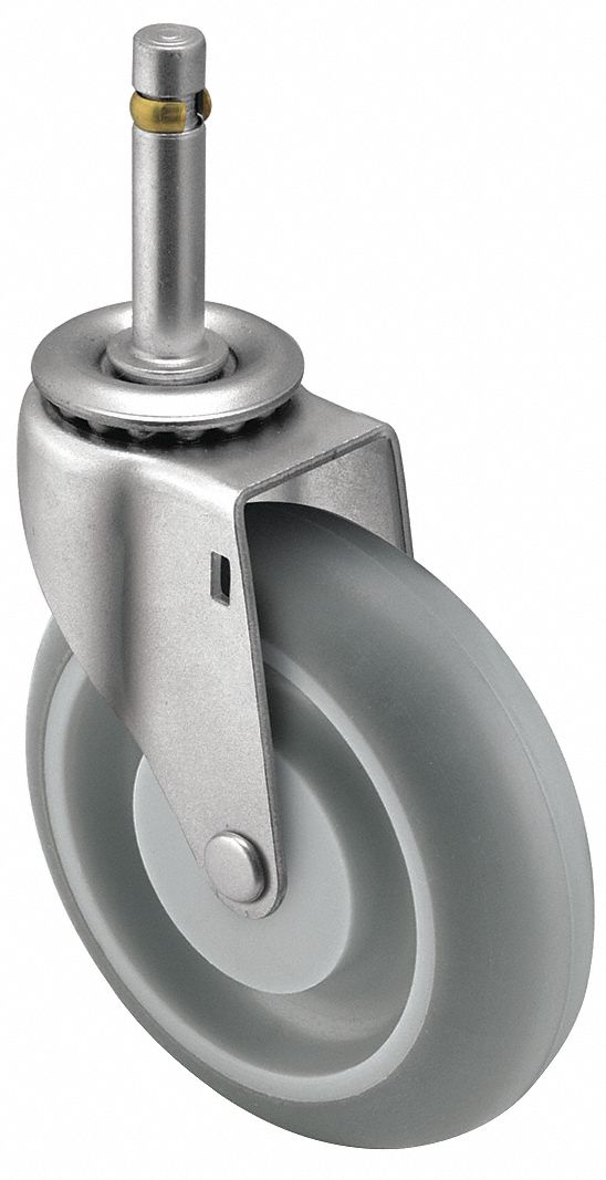 Stem Caster: Swivel, No Brake, 5 in Wheel Dia., 15/16 in Wheel Wd, Rubber, Stem