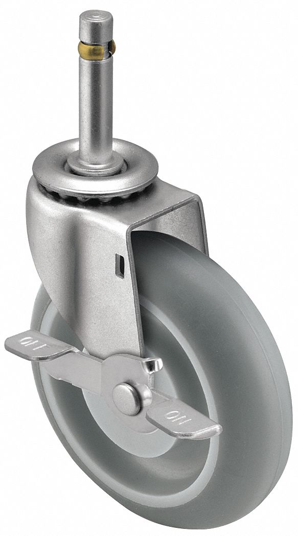 Stem Caster: Swivel, Side Brake, 5 in Wheel Dia., 15/16 in Wheel Wd, Rubber, Stem