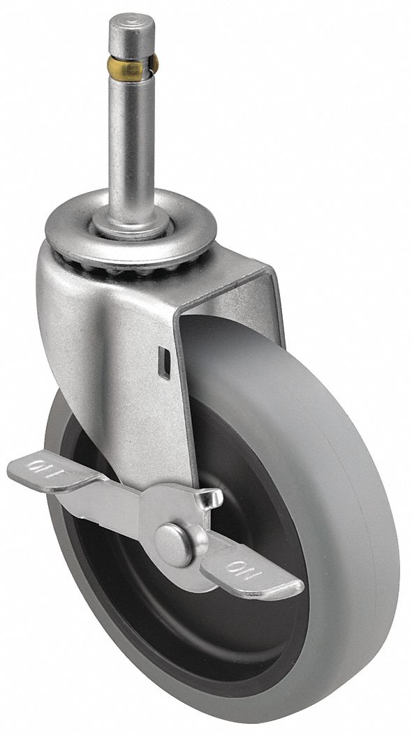 Stem Caster: Swivel, Side Brake, 5 in Wheel Dia., 15/16 in Wheel Wd, Polyurethane