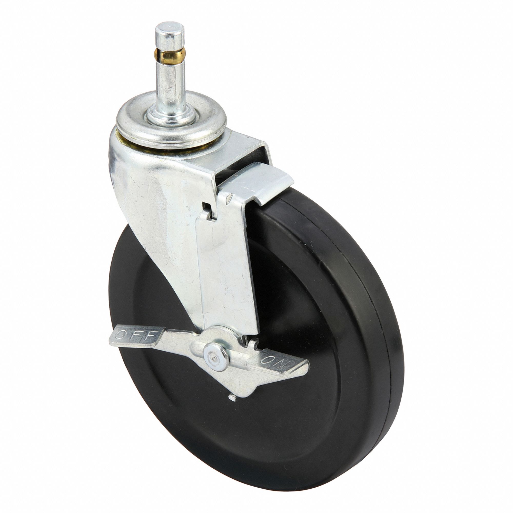 Stem Caster: Swivel, Side Brake, 5 in Wheel Dia., 15/16 in Wheel Wd, Rubber, Rubber