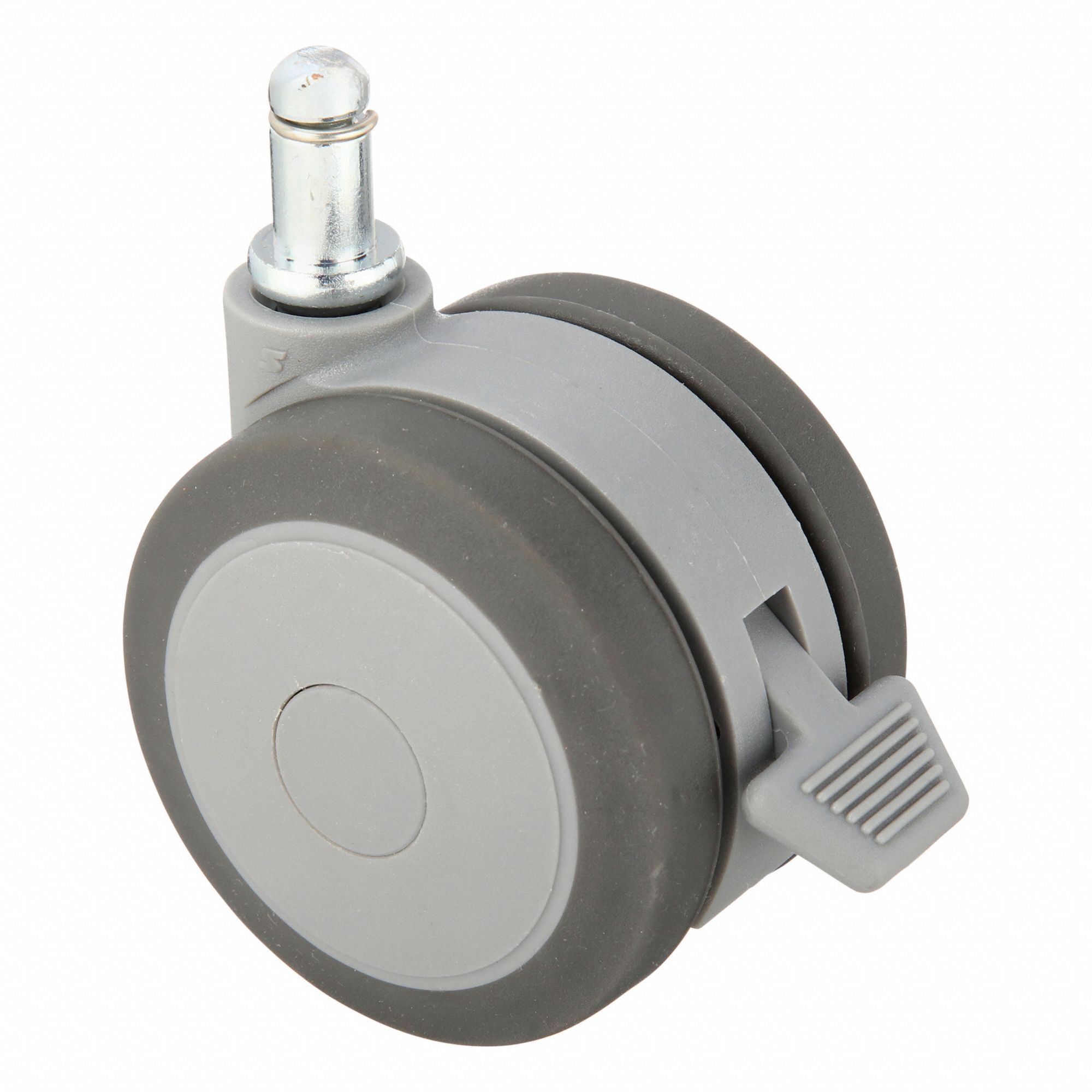 Stem Caster: Swivel, Face Brake, 3 in Wheel Dia., 7/16 in Wheel Wd, Rubber, Stem