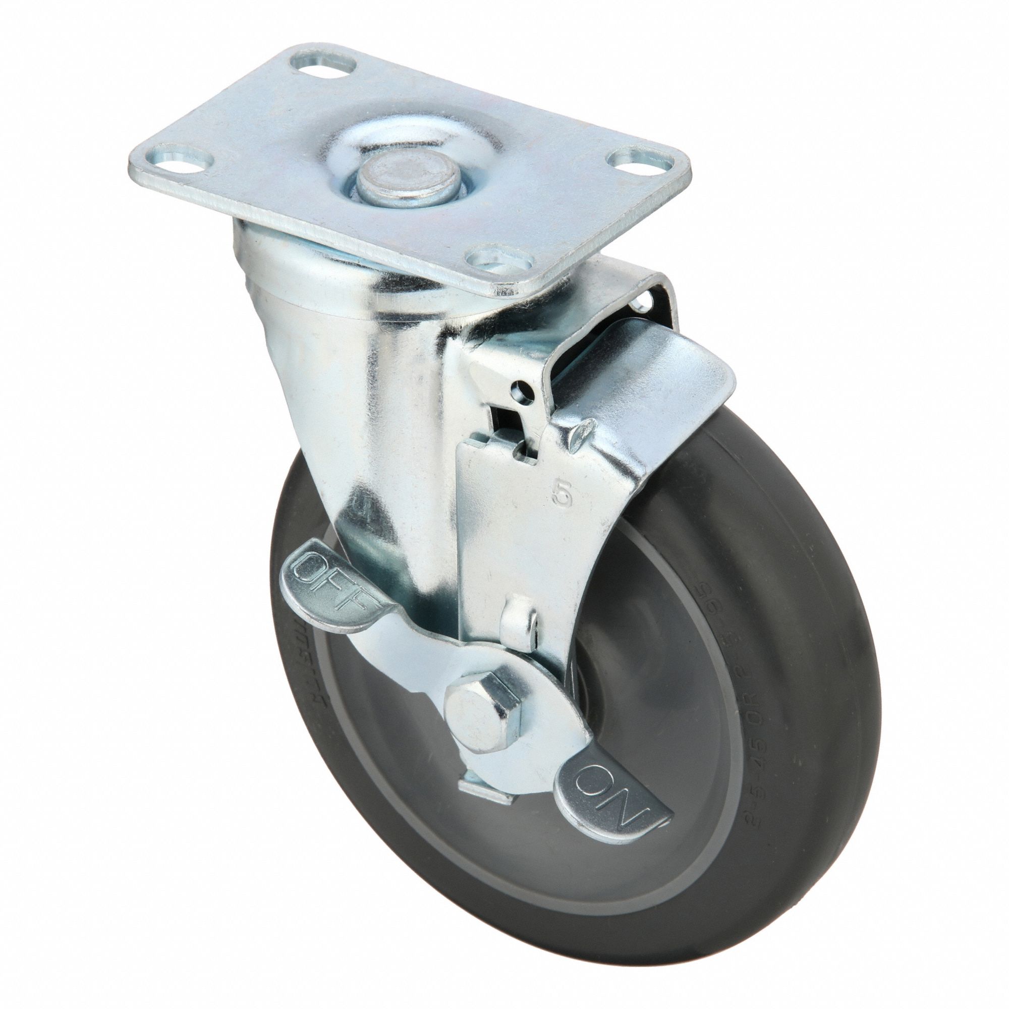Plate Caster: Swivel, Side Brake, Polyurethane, 5 in Wheel Dia., 1 1/4 in Wheel Wd, Slot