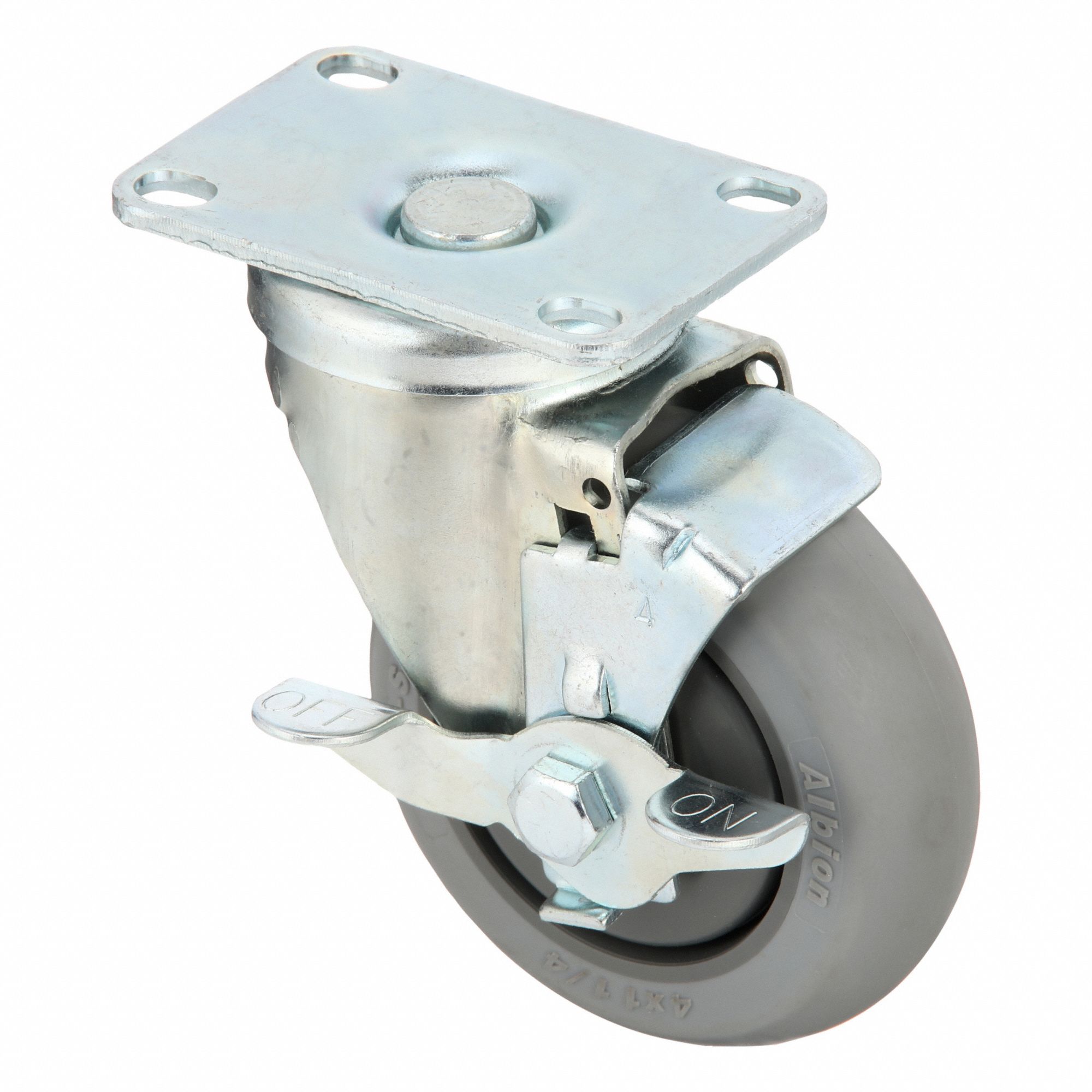 Plate Caster: Swivel, Side Brake, Rubber, 4 in Wheel Dia., 1 1/4 in Wheel Wd, Slot, Rectangle
