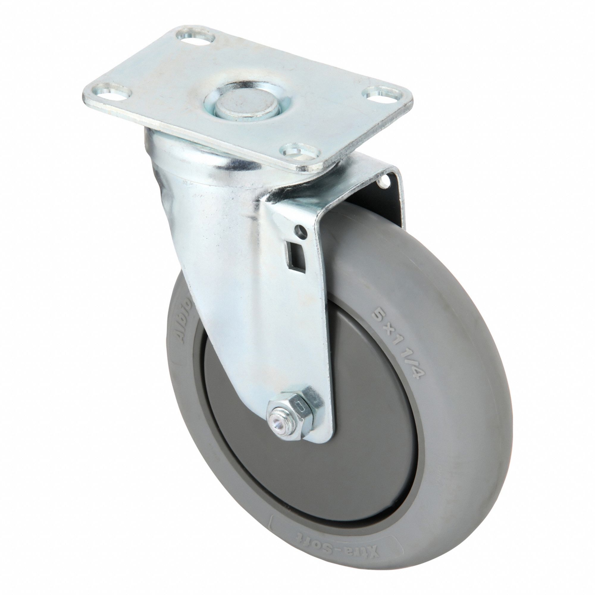 Plate Caster: Swivel, No Brake, Rubber, 5 in Wheel Dia., 1 1/4 in Wheel Wd, Slot, Rectangle