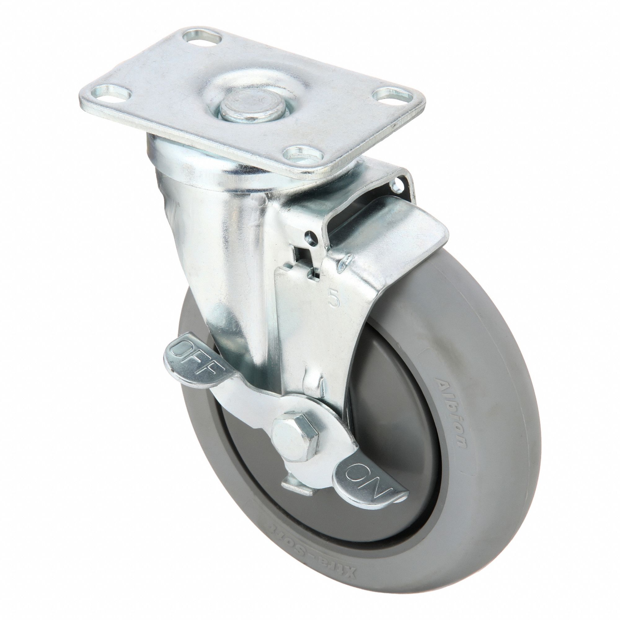 Plate Caster: Swivel, Side Brake, Rubber, 5 in Wheel Dia., 1 1/4 in Wheel Wd, Slot, Rectangle