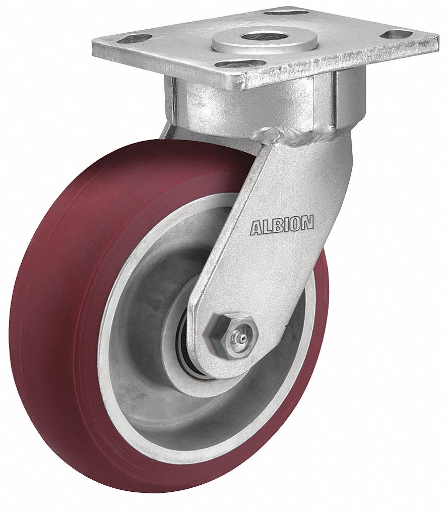 Plate Caster: Swivel, No Brake, Polyurethane, 8 in Wheel Dia., 2 in Wheel Wd, Slot, Rectangle