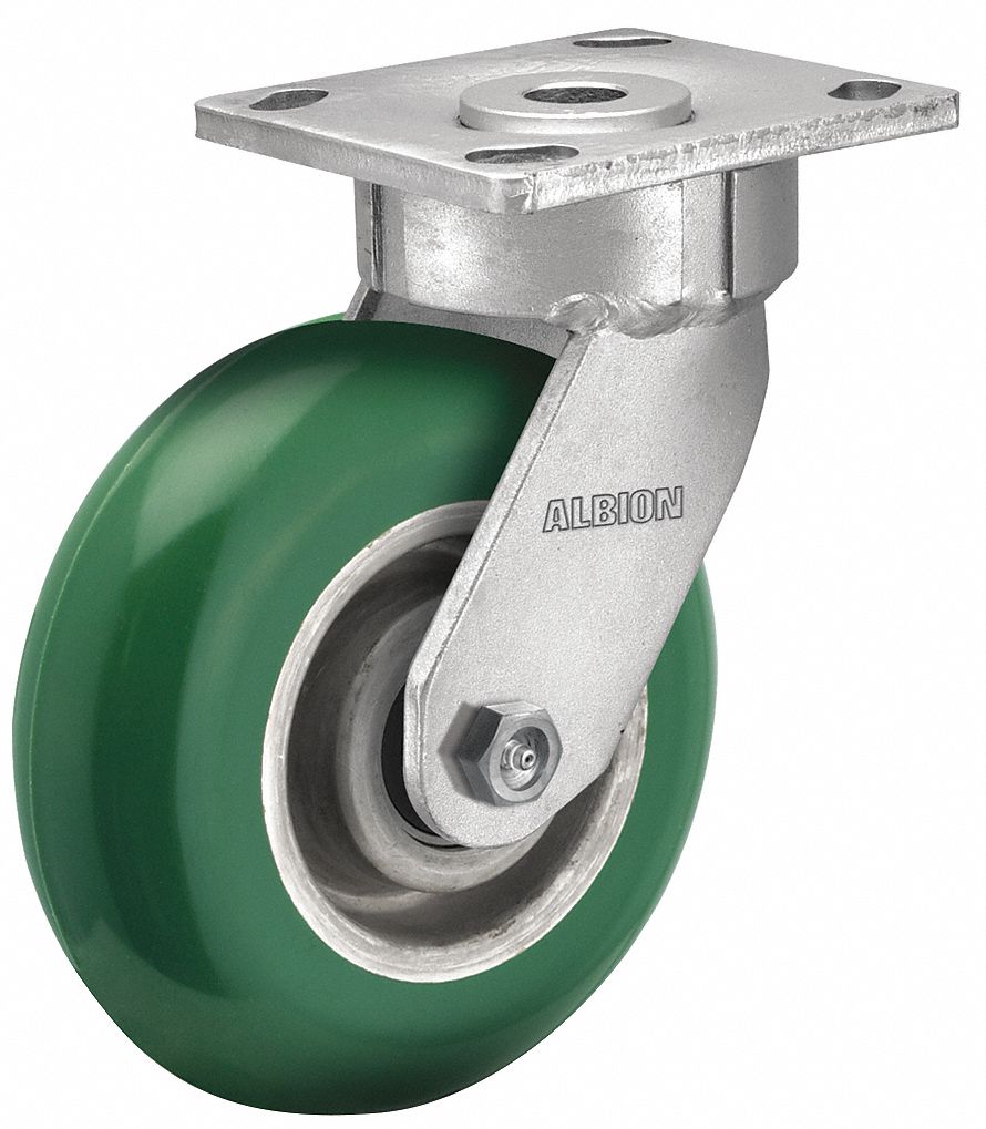 Plate Caster: Swivel, No Brake, Polyurethane, 8 in Wheel Dia., 2 in Wheel Wd, Slot, Rectangle