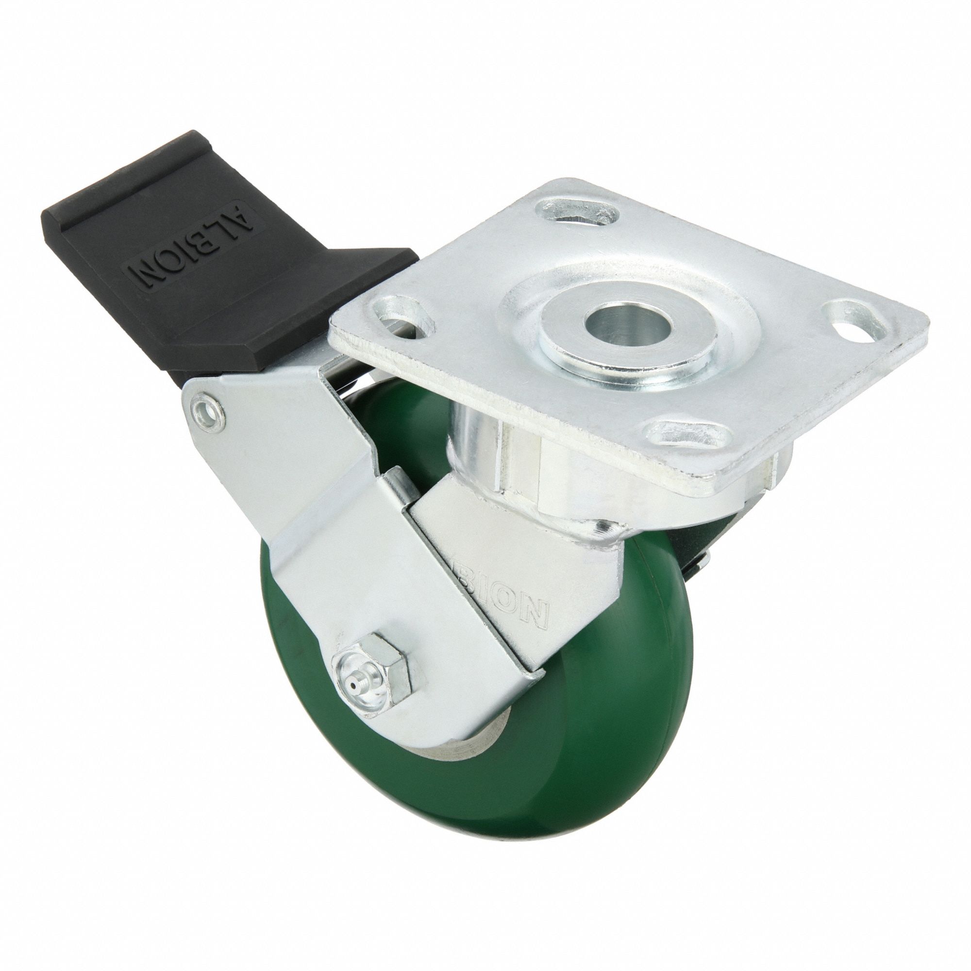Plate Caster: Swivel, Face Brake, Polyurethane, 5 in Wheel Dia., 2 in Wheel Wd, Slot, Ball