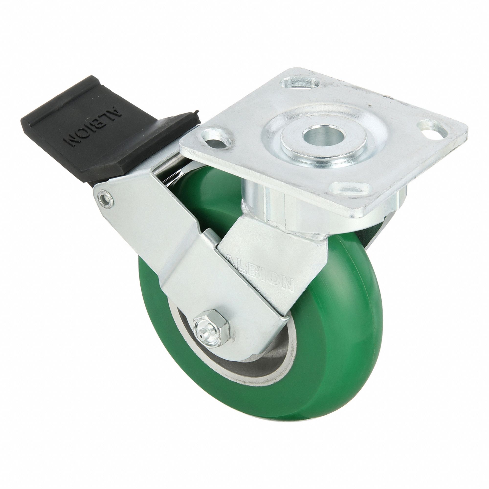 Plate Caster: Swivel, Face Brake, Polyurethane, 6 in Wheel Dia., 2 in Wheel Wd, Slot, Ball