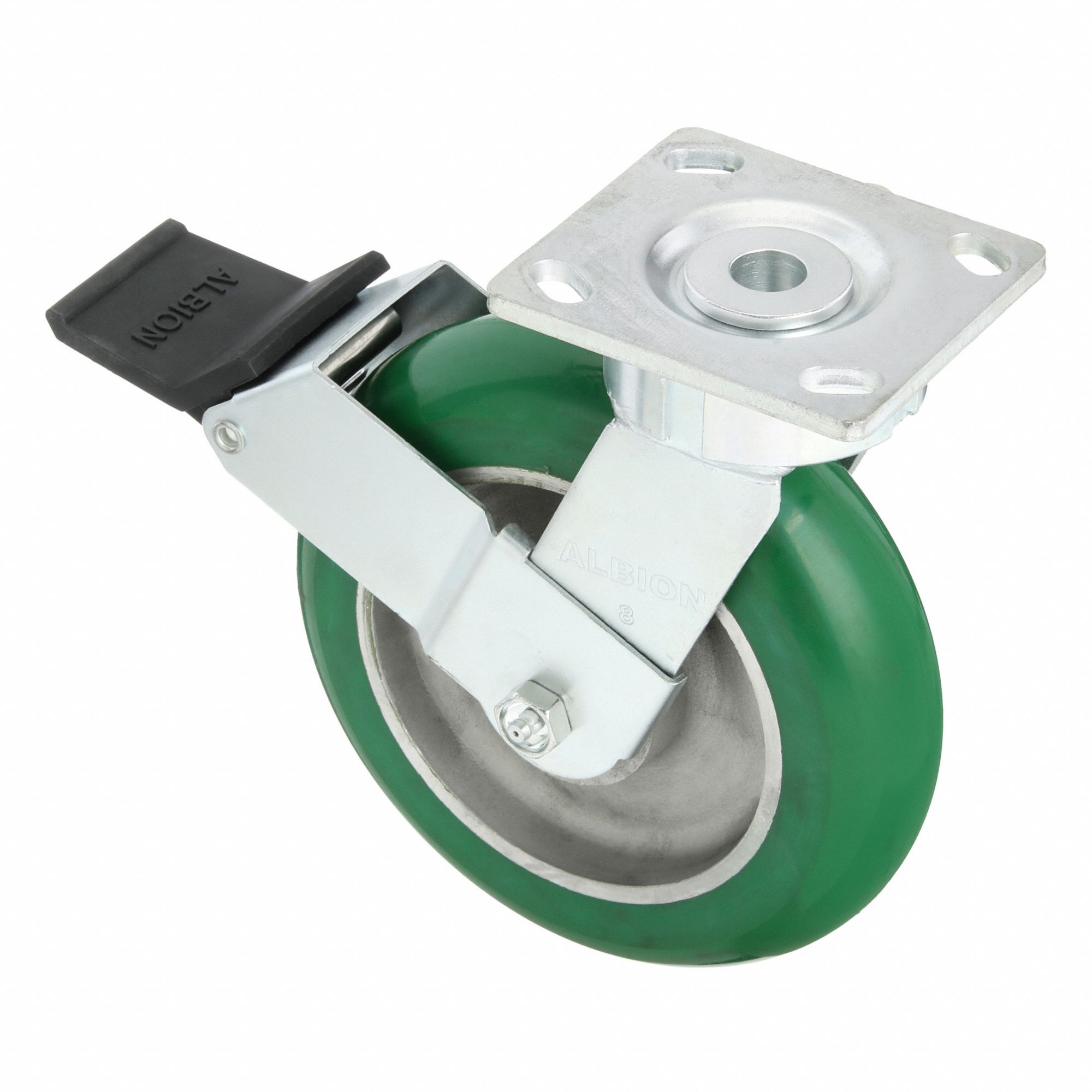 Plate Caster: Swivel, Face Brake, Polyurethane, 8 in Wheel Dia., 2 in Wheel Wd, Slot, Ball