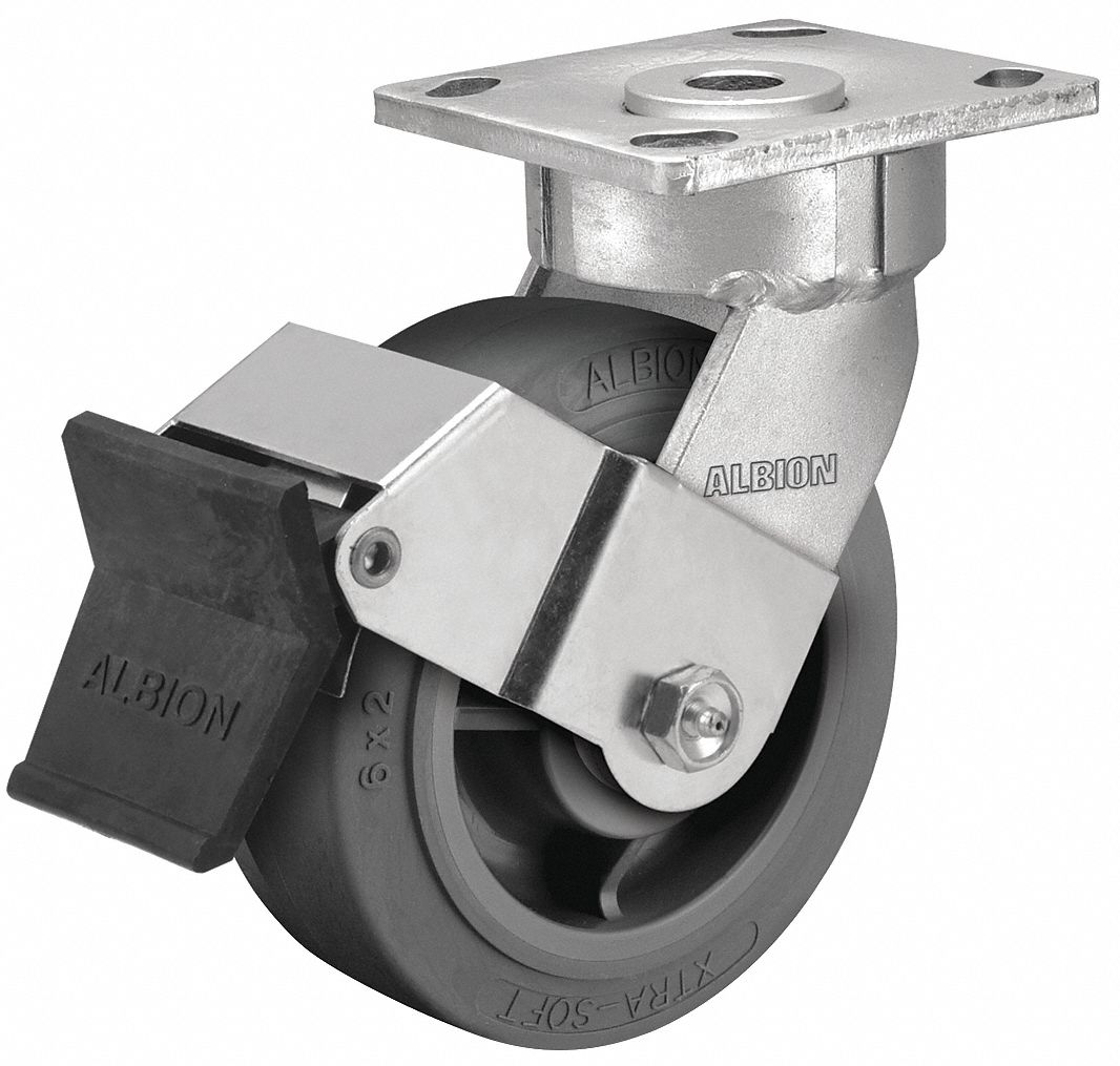 Plate Caster: Swivel, Face Brake, Rubber, 4 in Wheel Dia., 2 in Wheel Wd, Slot, Rectangle