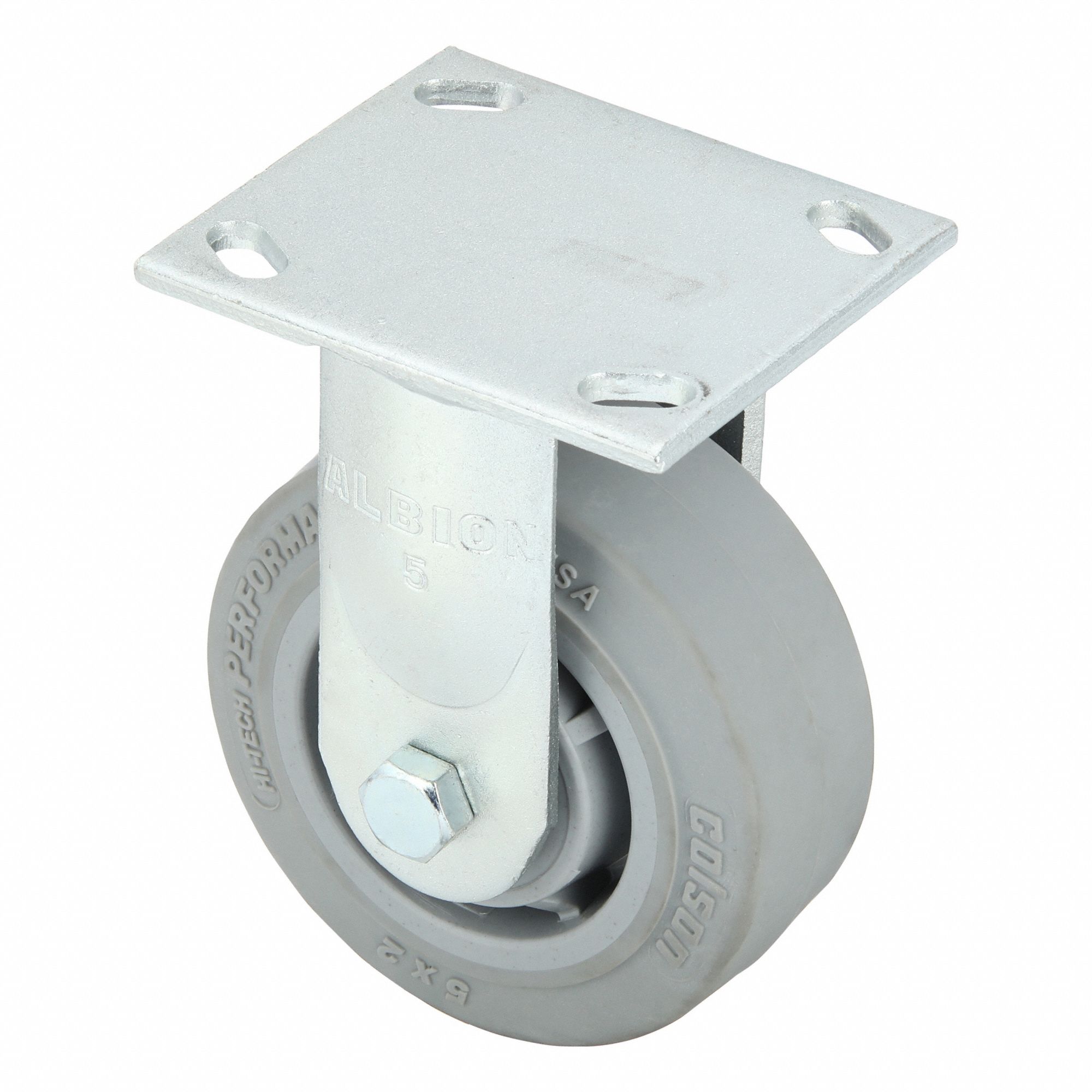 Plate Caster: Rigid, No Brake, Rubber, 5 in Wheel Dia., 2 in Wheel Wd, 6 1/2 in Mounting Ht