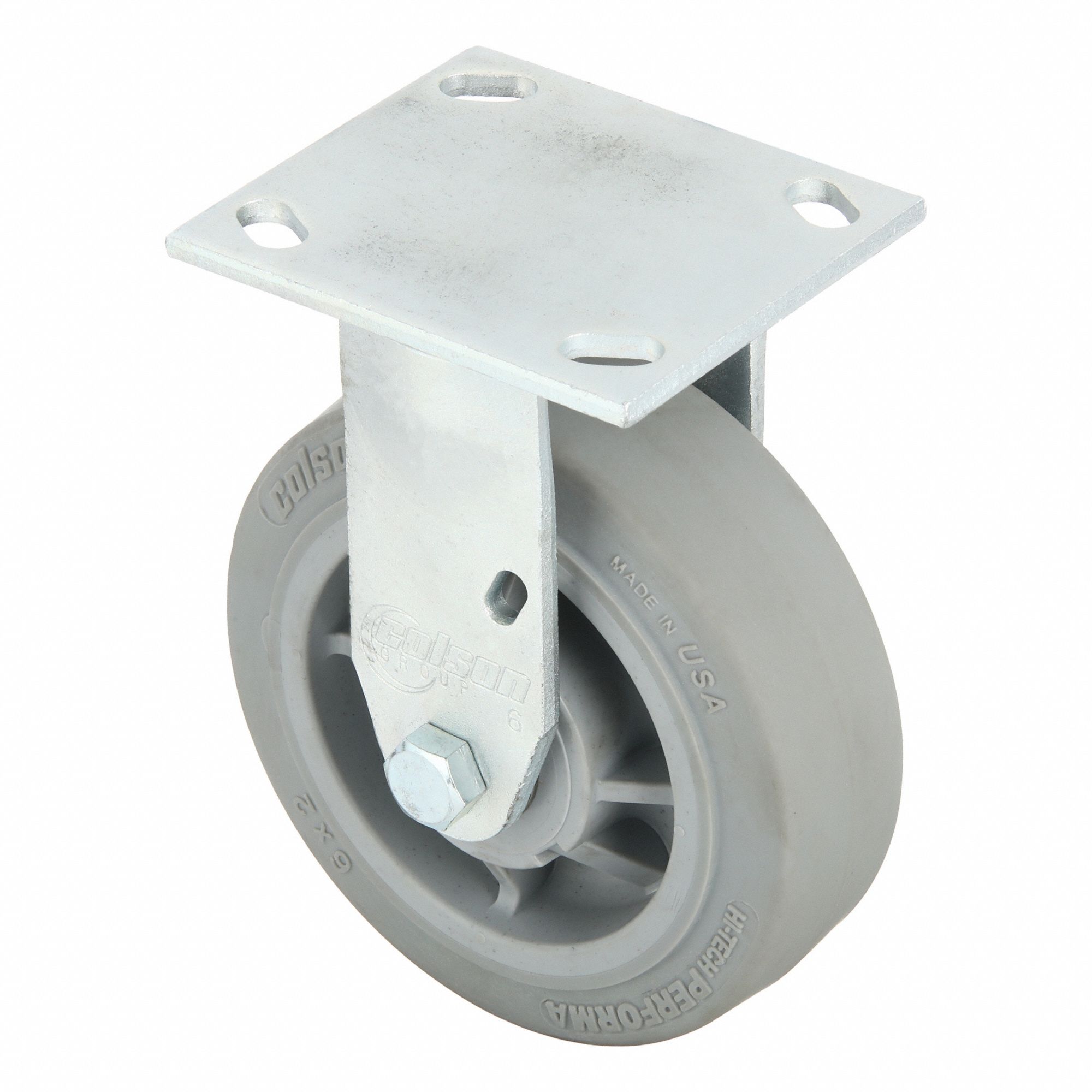 Plate Caster: Rigid, No Brake, Rubber, 6 in Wheel Dia., 2 in Wheel Wd, 7 1/2 in Mounting Ht
