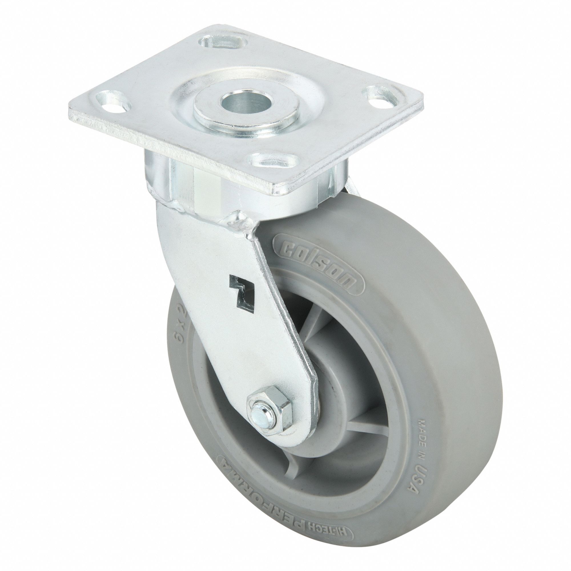 Plate Caster: Swivel, No Brake, Rubber, 6 in Wheel Dia., 2 in Wheel Wd, 7 1/2 in Mounting Ht