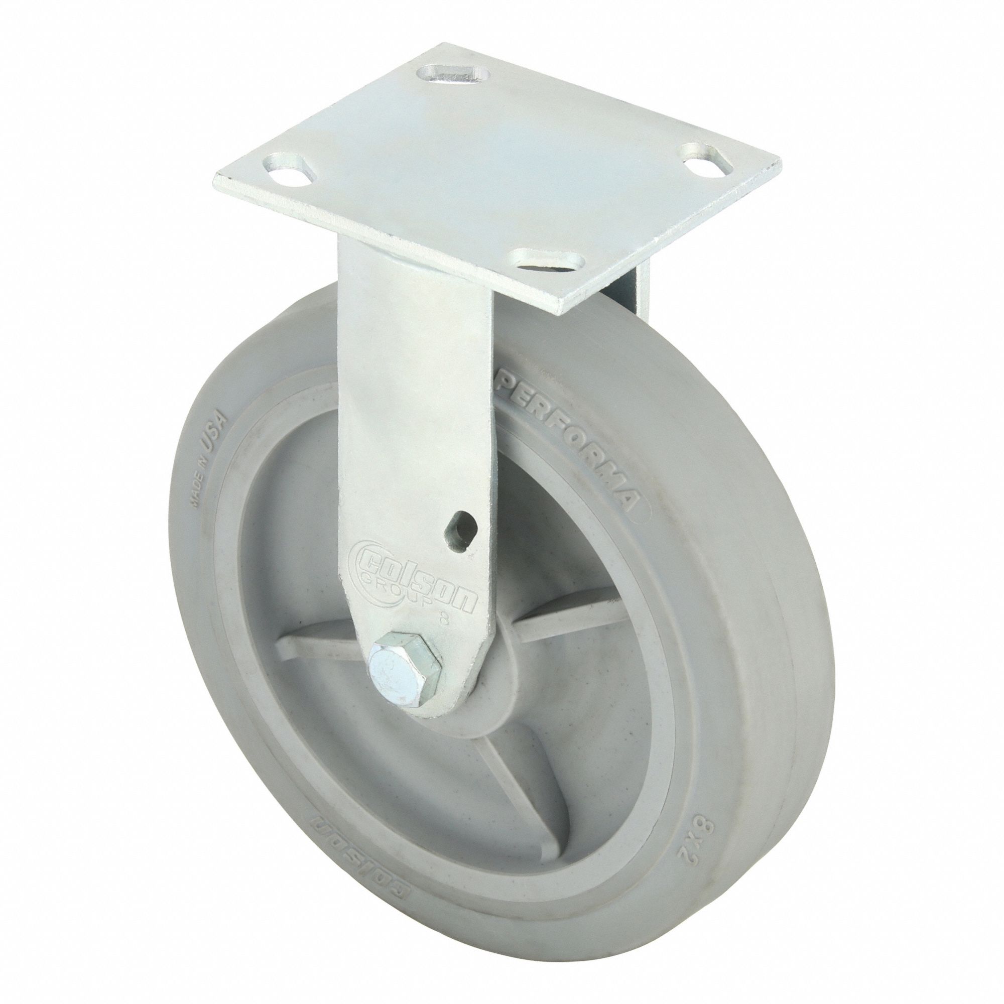 Plate Caster: Rigid, No Brake, Rubber, 8 in Wheel Dia., 2 in Wheel Wd, 9 1/2 in Mounting Ht