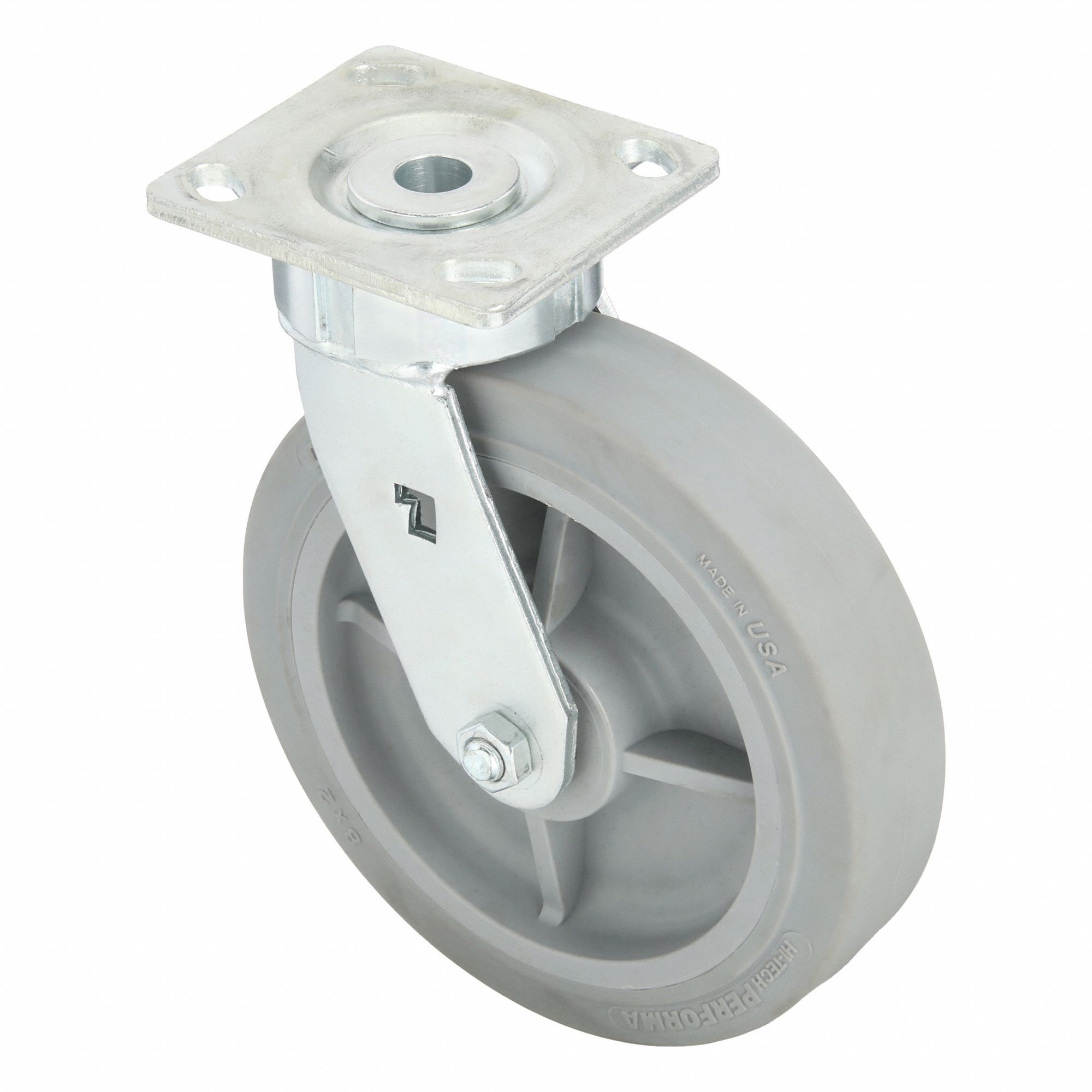 Plate Caster: Swivel, No Brake, Rubber, 8 in Wheel Dia., 2 in Wheel Wd, 9 1/2 in Mounting Ht