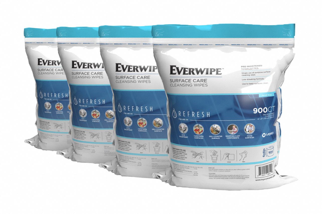 Wet Cleaning Wipes: Bag, 900 ct Container Size, Ready to Use, Lemon, Quat, Quat, 4 PK